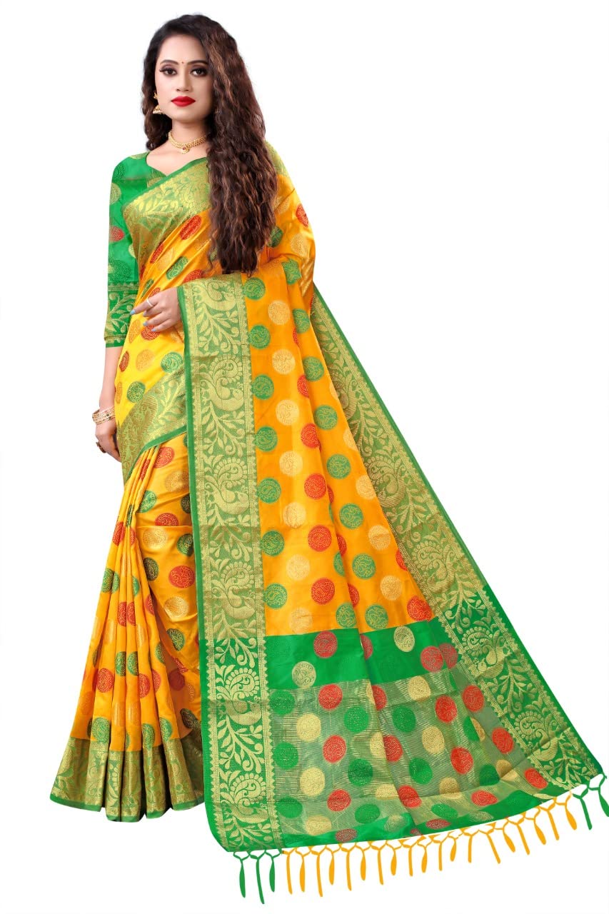 AADHYA SAREES - Women's Premium Powerloom Banarsi Silk With Hand Dyeing Material Saree with Running Blouse Piece