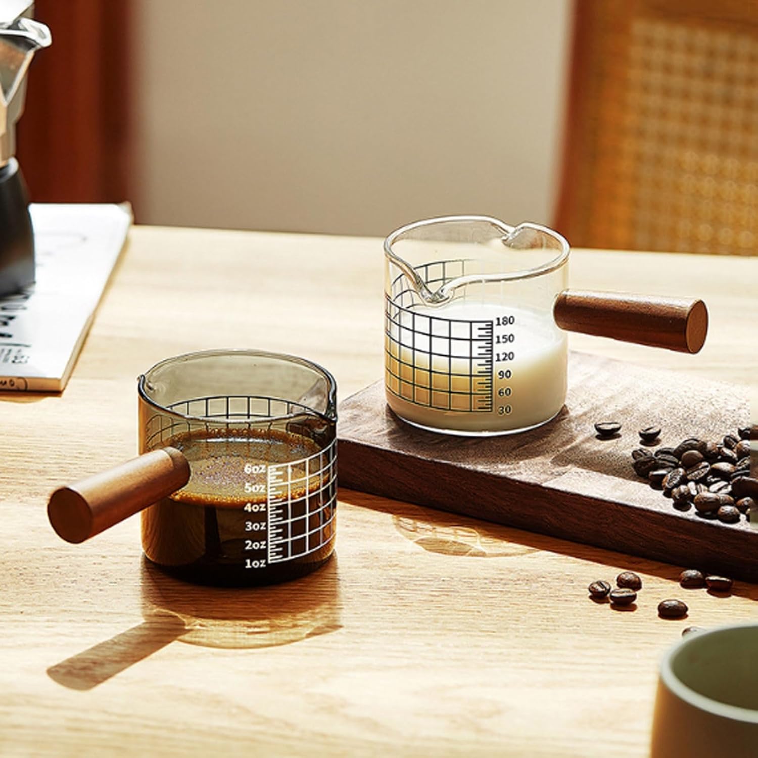 Glass Measuring Cup with Scale 180ml Dual-Spout Espresso Cup Birch Handle Milk Jug with Ounce ML Markings Coffee Extraction Tool Sauce Dish(Transparent wood)
