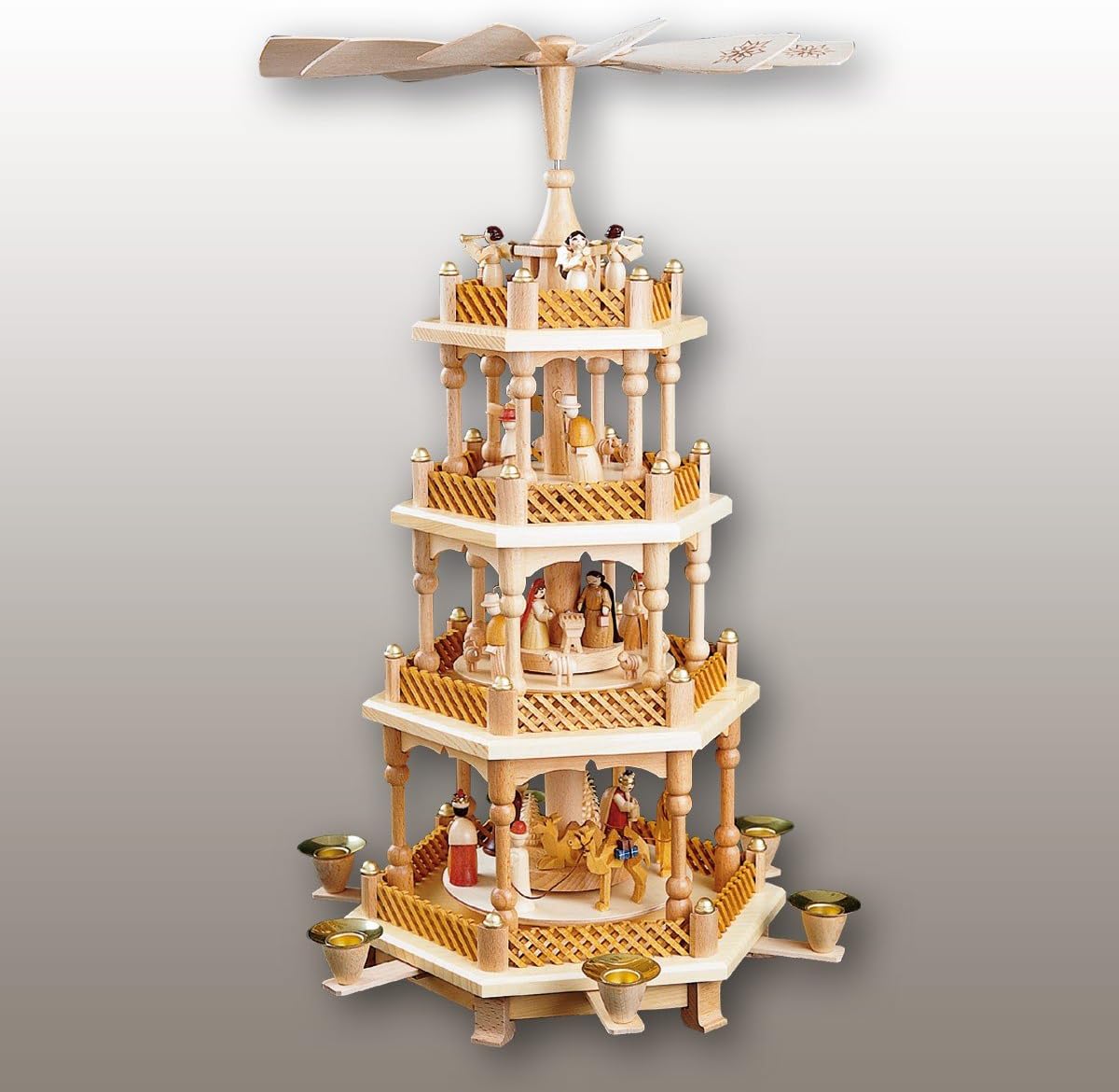 German Christmas Pyramid Nativity Scene, 3-Tier, Height 54 cm / 21 inch, Natural, Original Erzgebirge by Richard Glaesser Seiffen