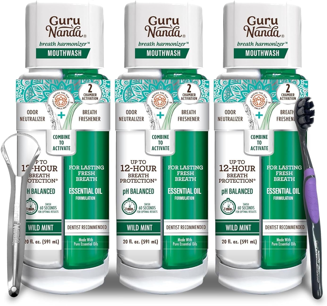 GuruNanda Dual Barrel Breath Harmonizer Mouthwash - Freshens Breath - Alcohol & Fluoride Free with Sodium Chlorite & Essential Oils - Wild Mint Flavor, 3 Pack