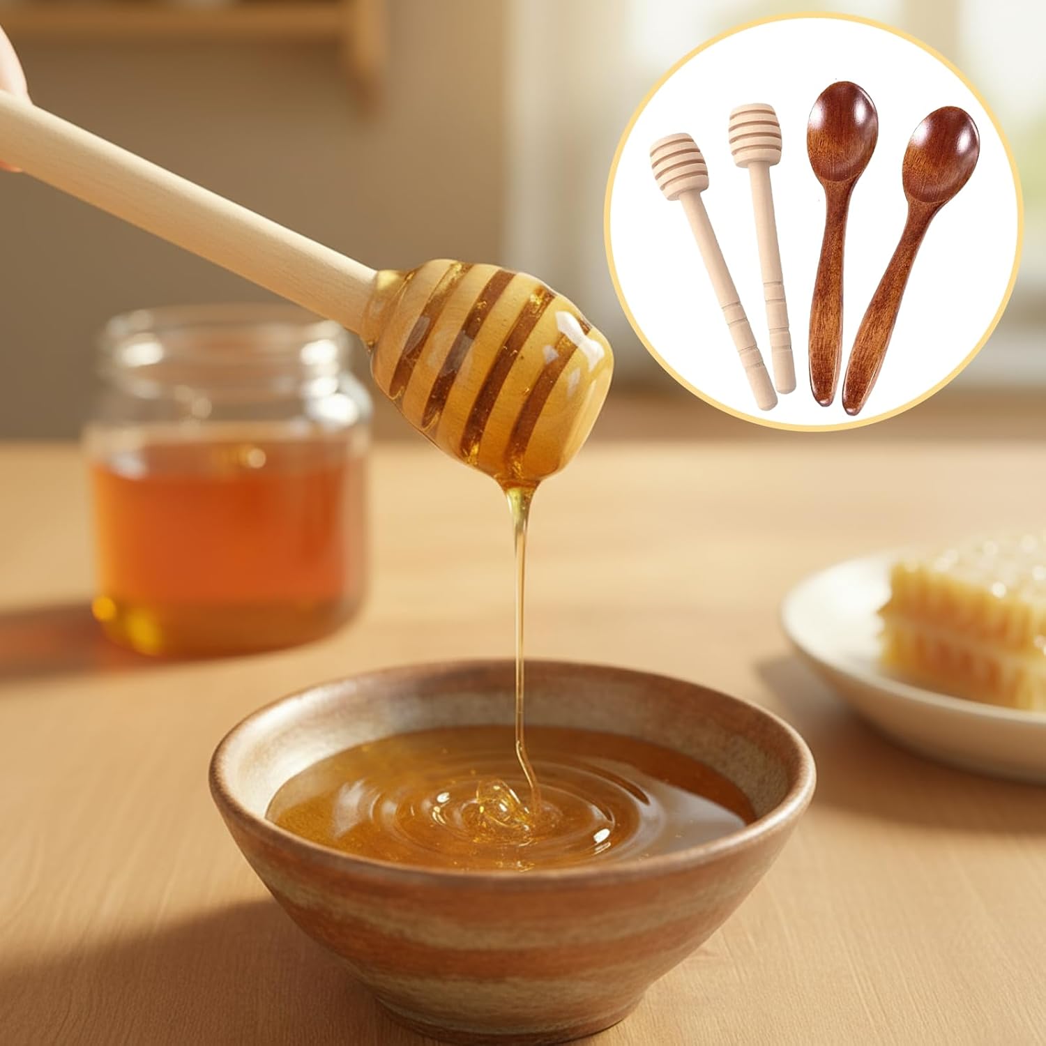 4 Pack Wooden Honey Dippers, 15cm 10cm Eco-Friendly Bamboo Honey Stirrer Sticks for Honey, Jam, Syrup, Dessert, and More-Natural Honey Mixing Spoons