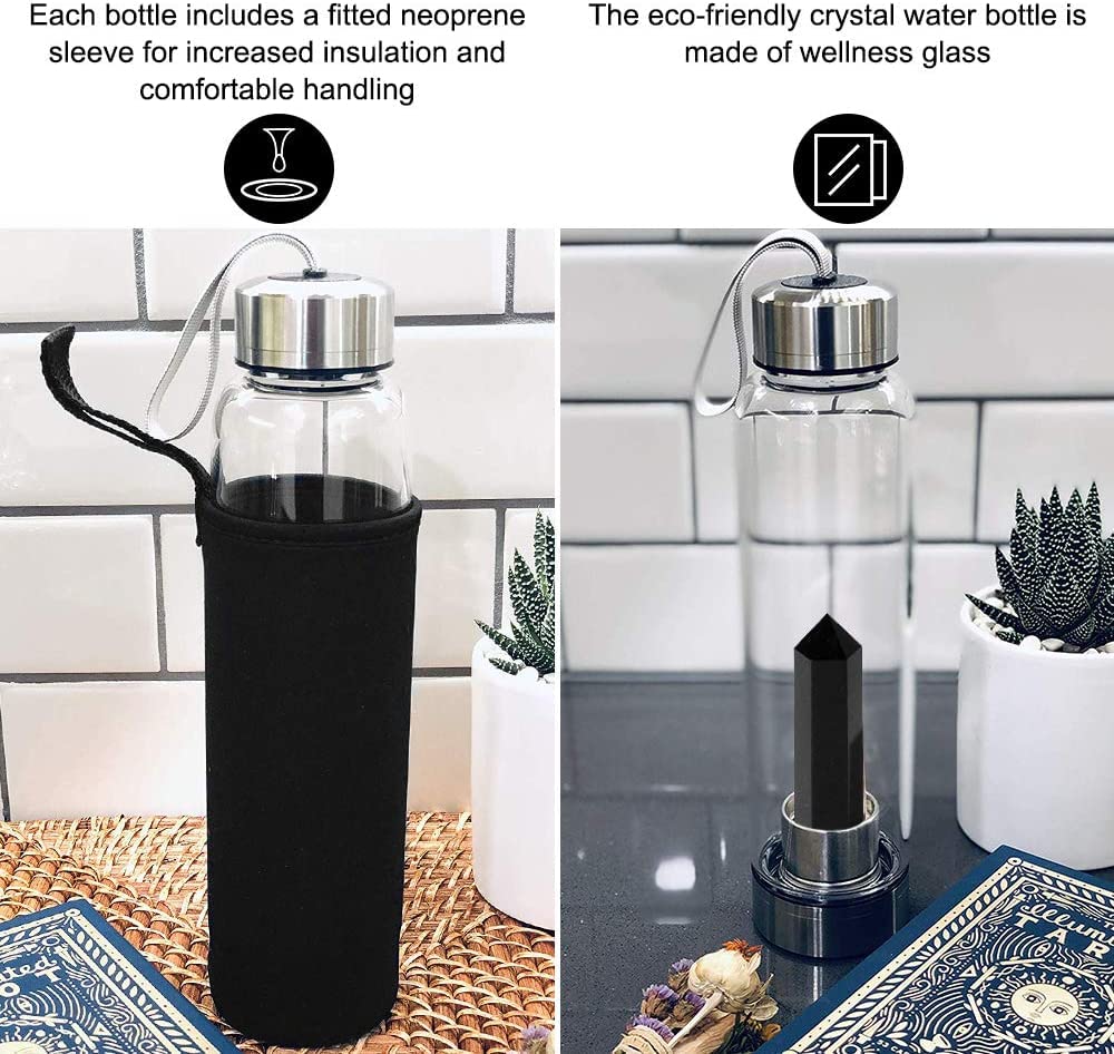 Bouteille d'eau en Cristal, 550ML Pierre Precieuse Naturelle Verre Eau Bouteille Amovible, Pierres Thérapeutiques pour Bien-être Naturel Guérison, Anti-fuite (Obsidienne+Bouteille)