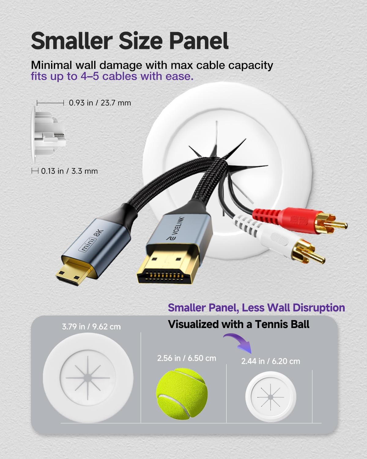 VCELINK in-Wall Cable Management Kit, 2.44" (62 mm) Mini Wall Cord Hider for TV/Coaxial/HDMI/Speaker Cords, Includes 2 Pass Throughs, Locking Brackets and Hole Saw Drill Attachment