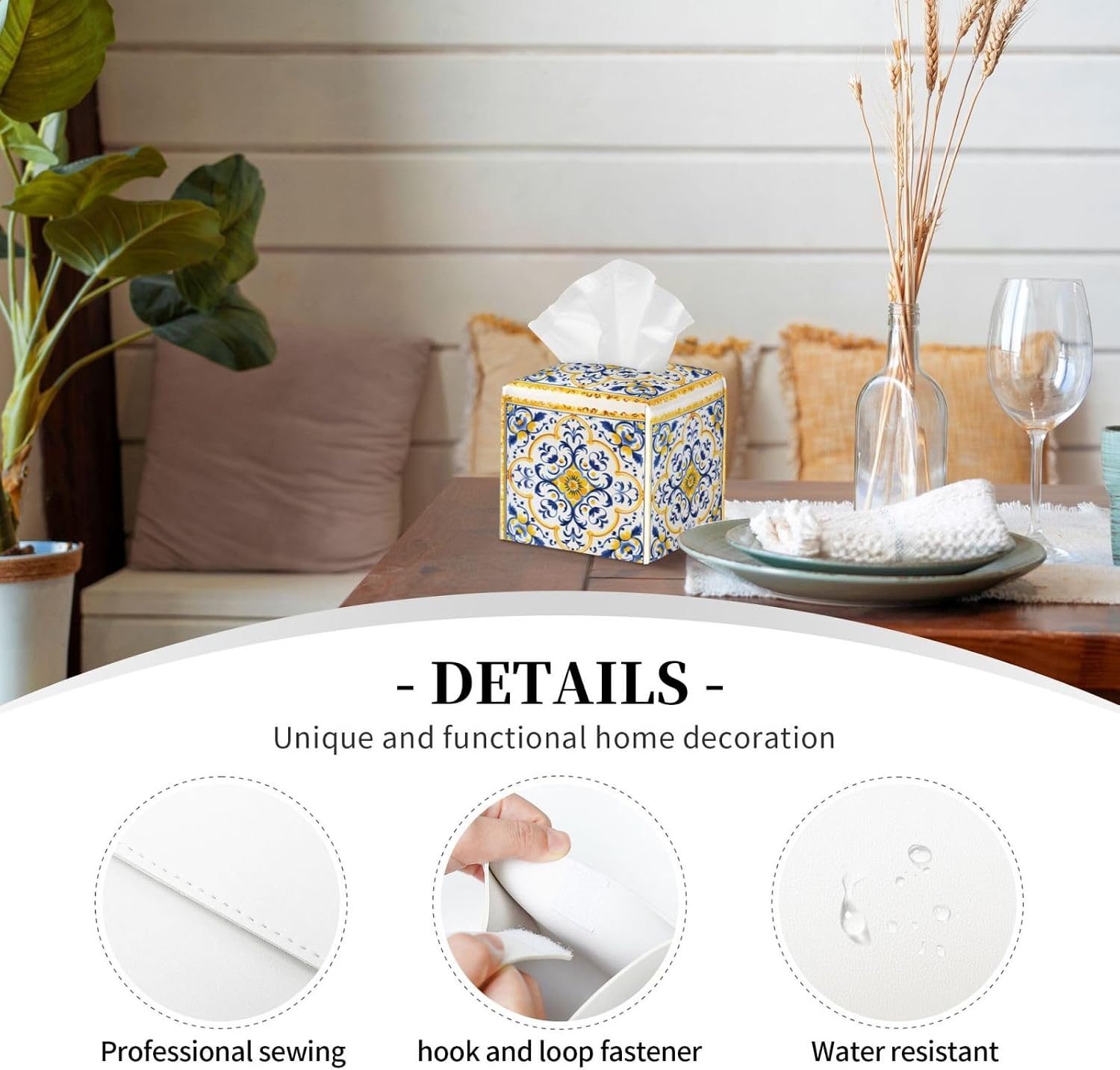 Square Tissue Box Cover Vintage Morocco Flowers Cube Tissue Box Cover Pu Leather Tissue Box Holder for Office Kitchen Car Bathroom Facial Paper Organizer Dispenser Cover image 3