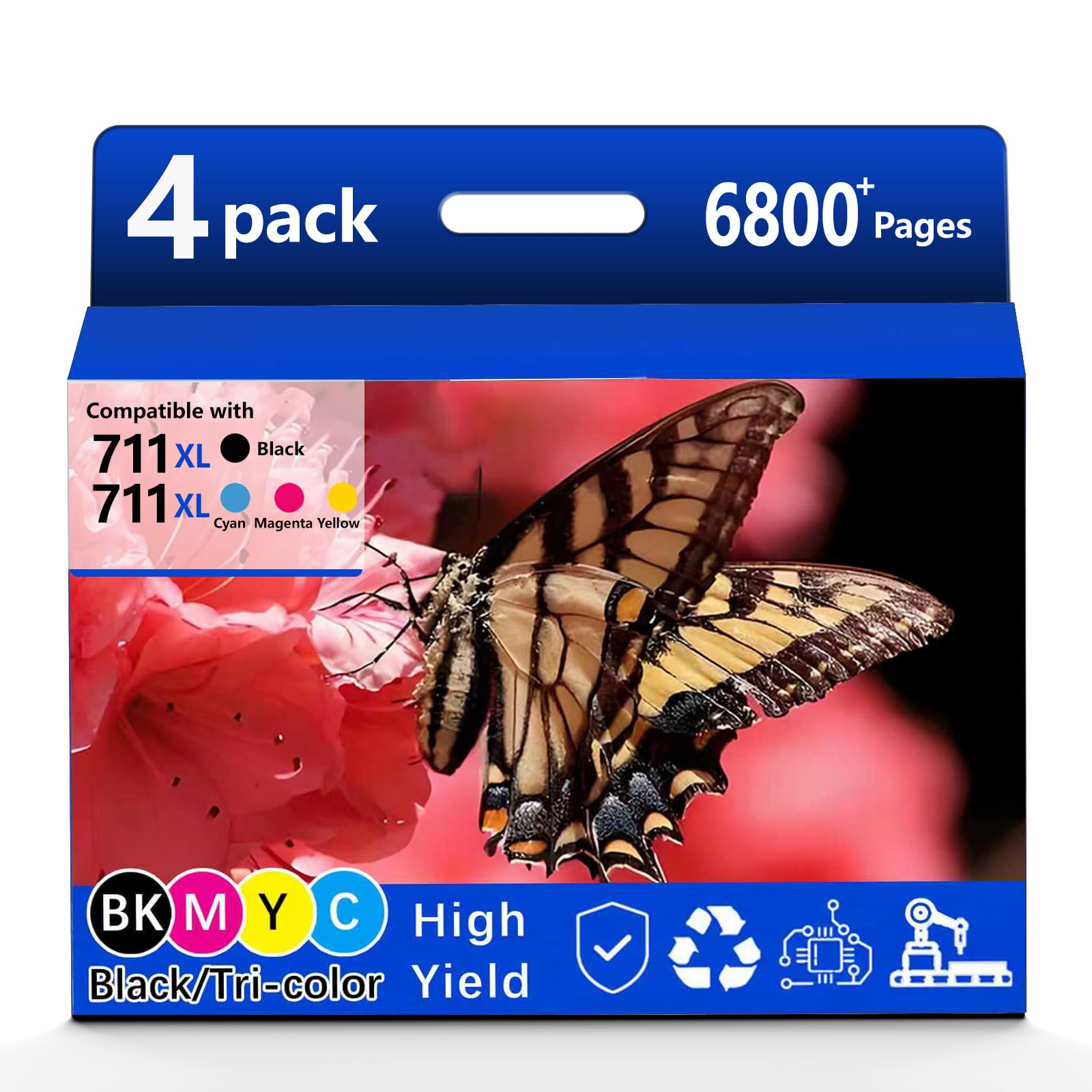 711XL Ink Cartridges Combo Pack Replacement for HP 711 Ink Cartridges Work for HP Designjet T120 T100 T520 T125 T130 T525 T530 Printer Black Cyan Magenta Yellow High Yield 4 Pack