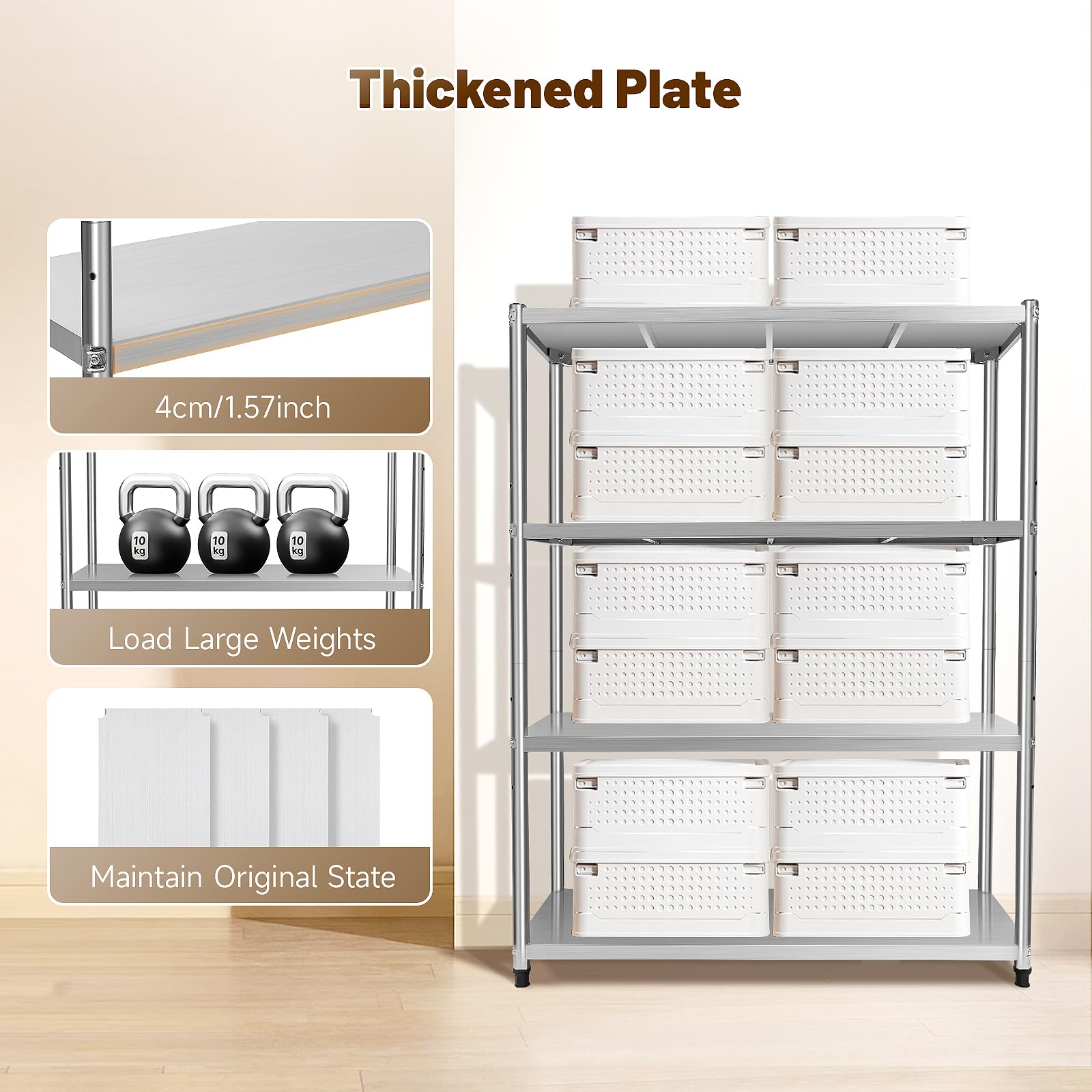 Tavolo da lavoro a 4 livelli in acciaio inox, da cucina, 120 x 40 x 150 cm, Argento