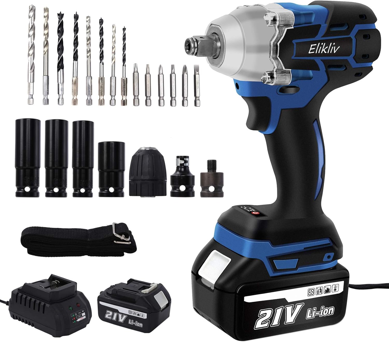 Amazon Elikliv インパクトレンチ タイヤ交換 充電式 コードレス 一台３役 レンチ ドリルドライバー インパクトドライバー 多機能 無段変速 正逆転両用 Ledライト 過負荷保護 過熱保護 ２個バッテリー 日本語取扱説明書 豊かな付属品付き インパクトレンチ