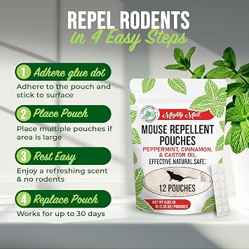 Mighty Mint Mouse Repellent Pouches Peppermint, Castor Oil & Cinnamon Formula Natural Indoor Deterrent for Mice and Rodents Plant-Based, Long-Lasting Protection 12 Count