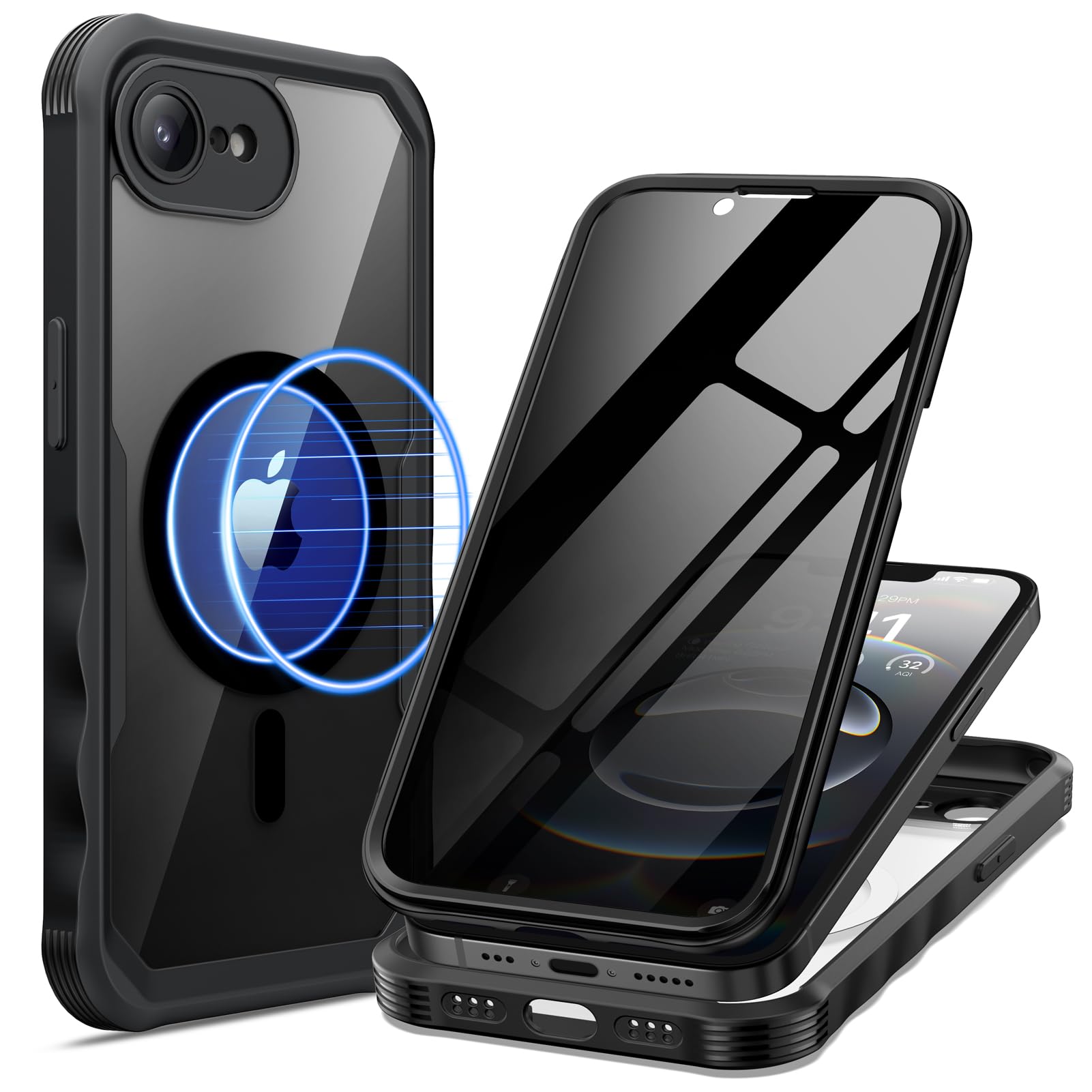 Seacosmo For IPhone 16e Case, Full-Body Shockproof Case [Built-in Glass Screen Protector] [Camera Lens Protector] 360° Front And Back Cover For IPhone 16e 6.1 Inch - Green/Clear