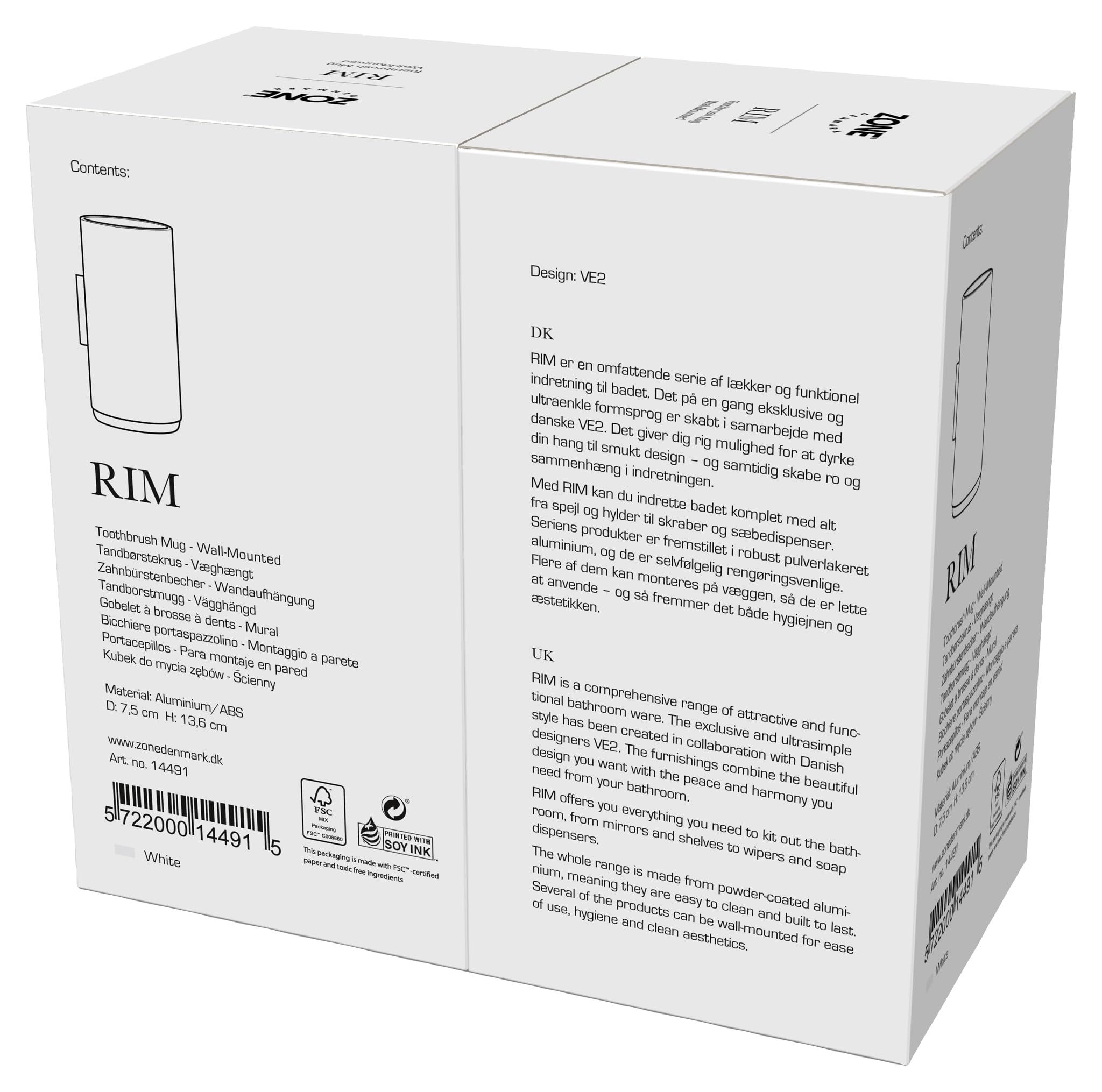 Zone Denmark Rim - Vaso para Cepillo de Dientes de Pared, 7 x 13,6 cm, Color Blanco