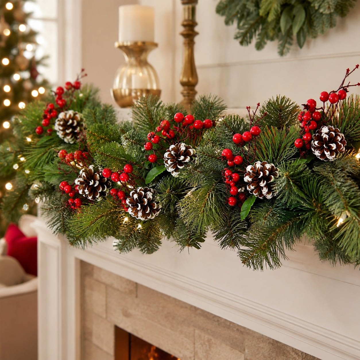 BANBERRY DESIGNS Pine Branches and Red Berry Picks - Set of 10 Stems with White Snow Covered Pine Cones and Berries - Christmas Artificial Floral Sprays Sprigs - Approx.