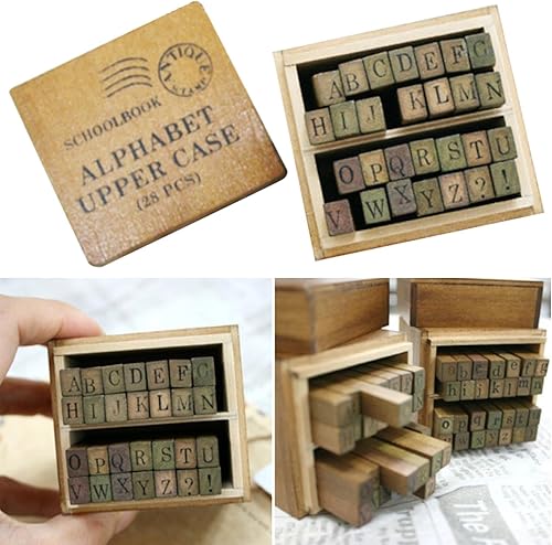 Miniatura 2 de DEAD SKIN Juego de sellos del alfabeto de madera, fuente mayúscula vintage, grano de madera natural, 26 letras y 2 símbolos, mango largo, sello de