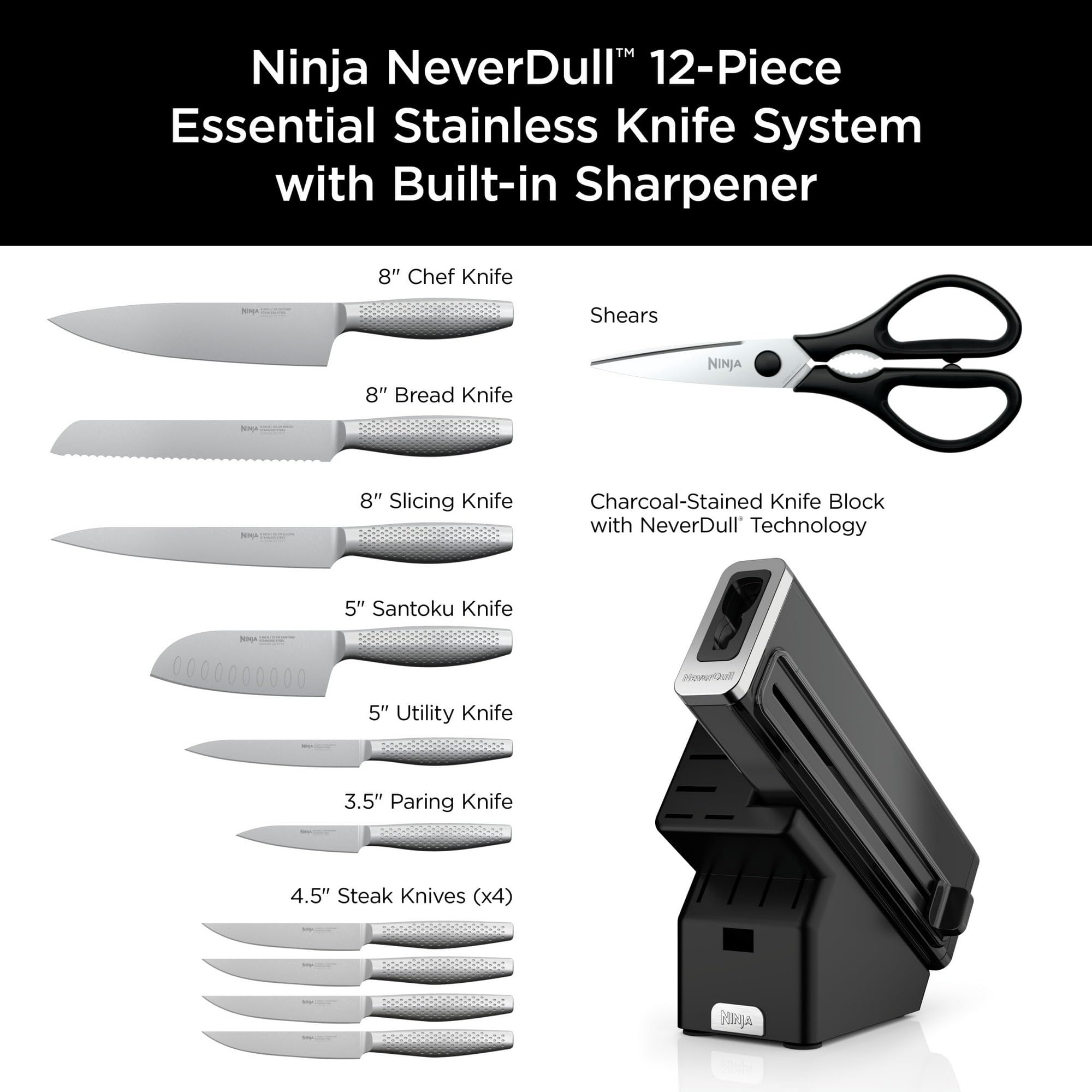 NeverDull Essential 12-Piece Stainless Steel Knife Set With Built-in Sharpener - COMFORTABLE GRIP: Lightweight Handle Is Textured And Slip Resistant