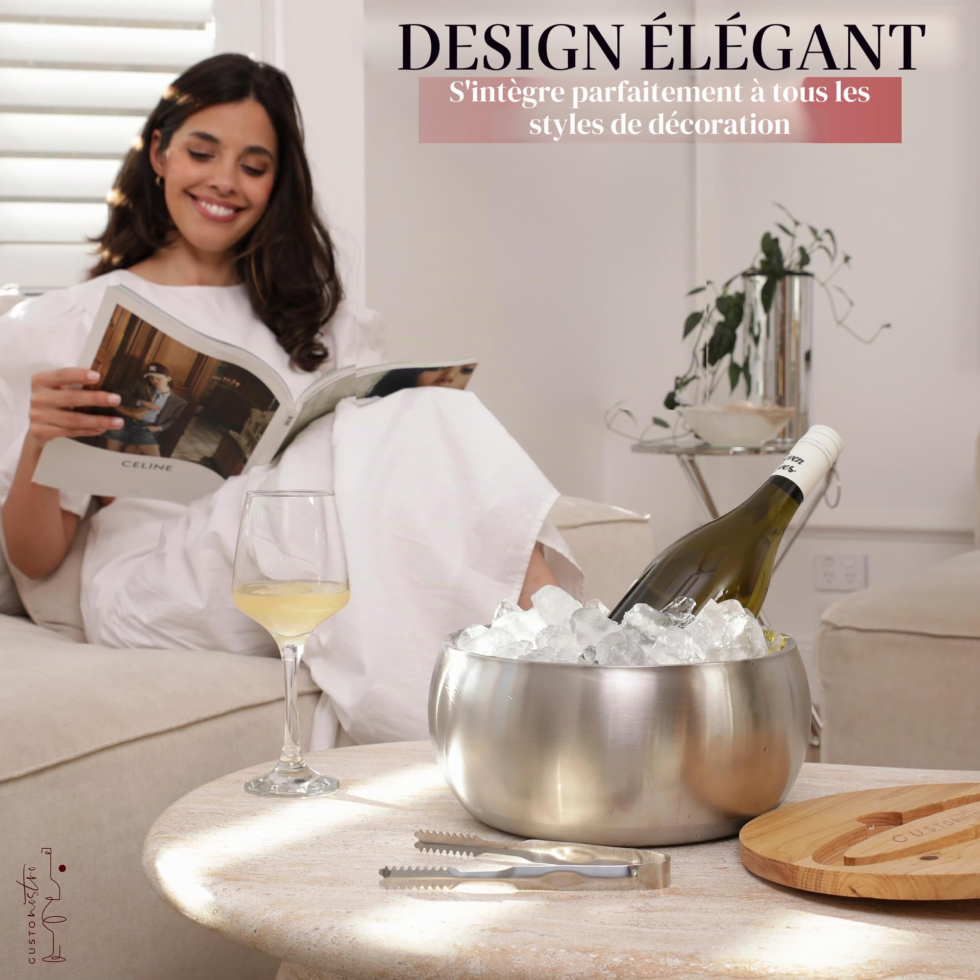 Gusto Nostro Seau A Glace Isotherme, Avec Couvercle et Pince, Double Paroi en Acier Inoxydable, Sans BPA, Pour Bar à Cocktails, Seau A Champagne, Vin, Bière pour les Fêtes