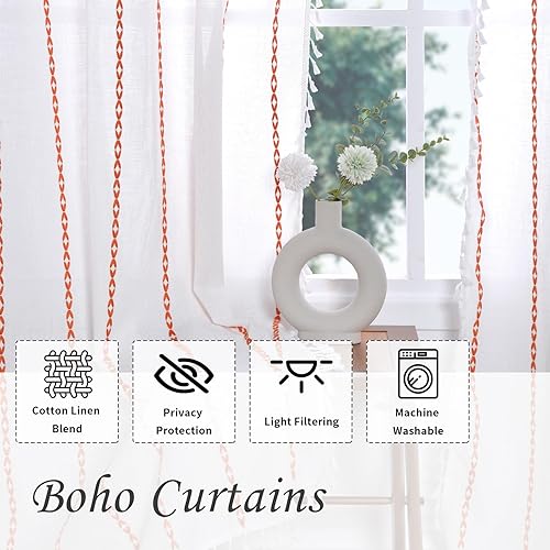 Miniatura 5 de Cortinas de lino bohemias para dormitorio, sala de estar, 96 pulgadas de largo, cortinas semiopacas con 2 panales, panel de cortina de lino y