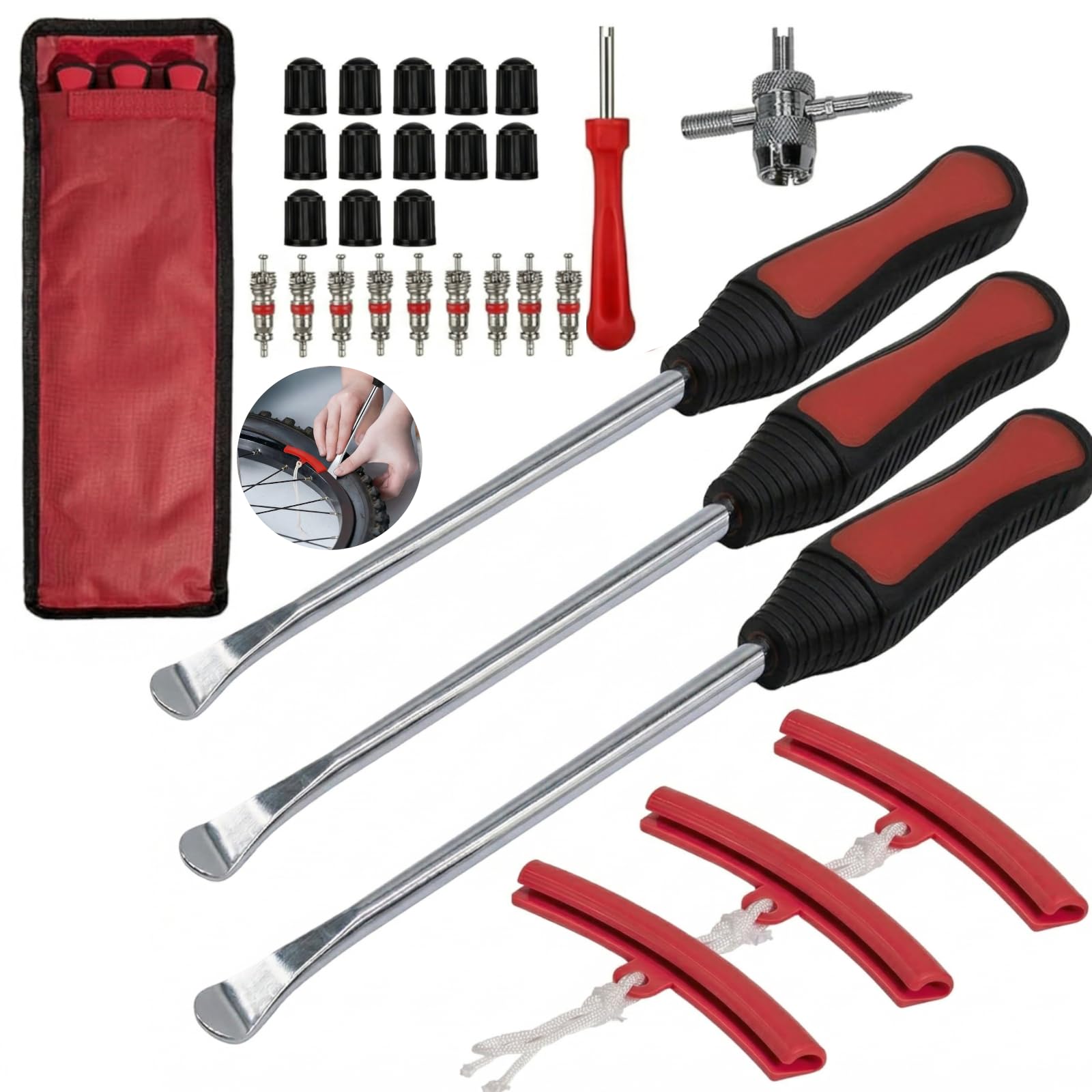 Set Combinato da 30 Pezzi di Leve Smontagomme Strumenti per il Montaggio di Pneumatici per Moto, Biciclette e Scooter Leve Smontagomme (a Cucchiaio) con Leve Portatili e 9 Protezioni per Cerchi