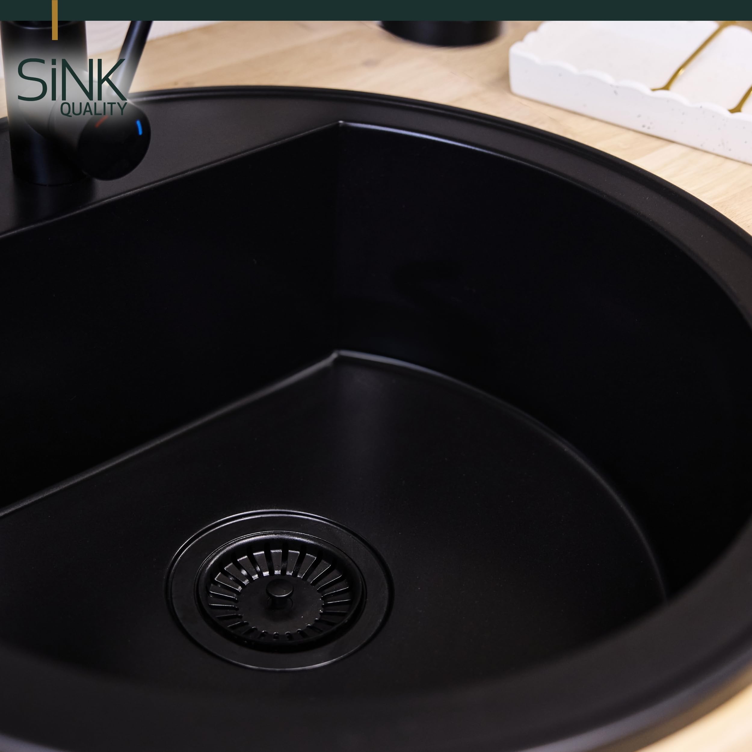 SINK QUALITY zlewozmywak okrągły, czarny, Ø 51 cm, syfon i impregnacja w zestawie, okrągły zlewozmywak z granitu, czarny do szafek dolnych o szerokości 55 cm, zlewozmywak do zabudowy granitowy