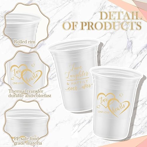 Miniatura 2 de 100 vasos de plástico gruesos desechables para boda, 16 onzas, oro blanco, dos corazones, uno de amor, decoraciones para boda, recepción, despedida