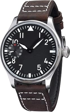 CARLIEN Hand Wind Mechanical for Men Pilot Classic Analog Watch with Black Dial Luminous Dark Brown Leather Strap