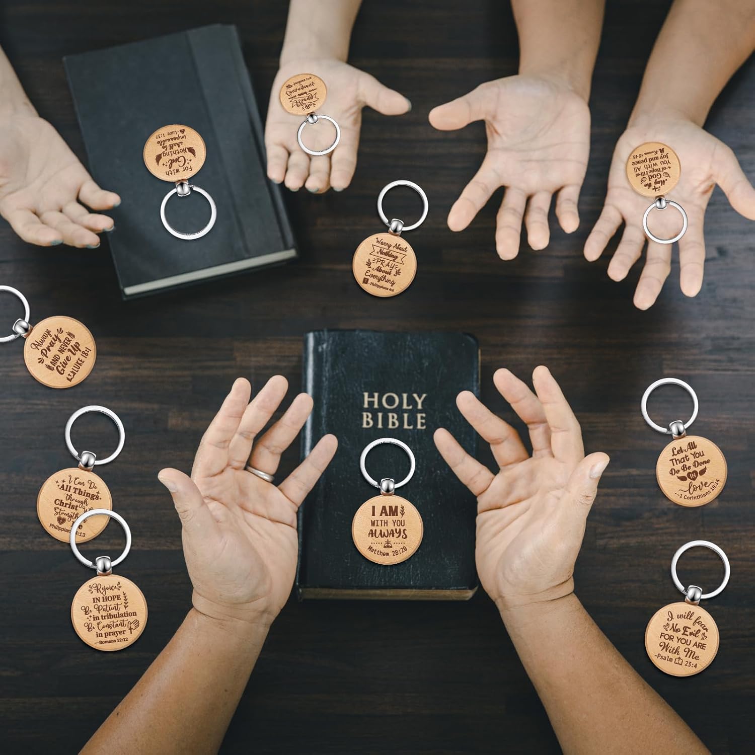 Chunful 50/100 Pcs Christian Keychain Bulk Wooden Religious Bible Verse Keychain Faith Church Gift Party Favor for Men Women
