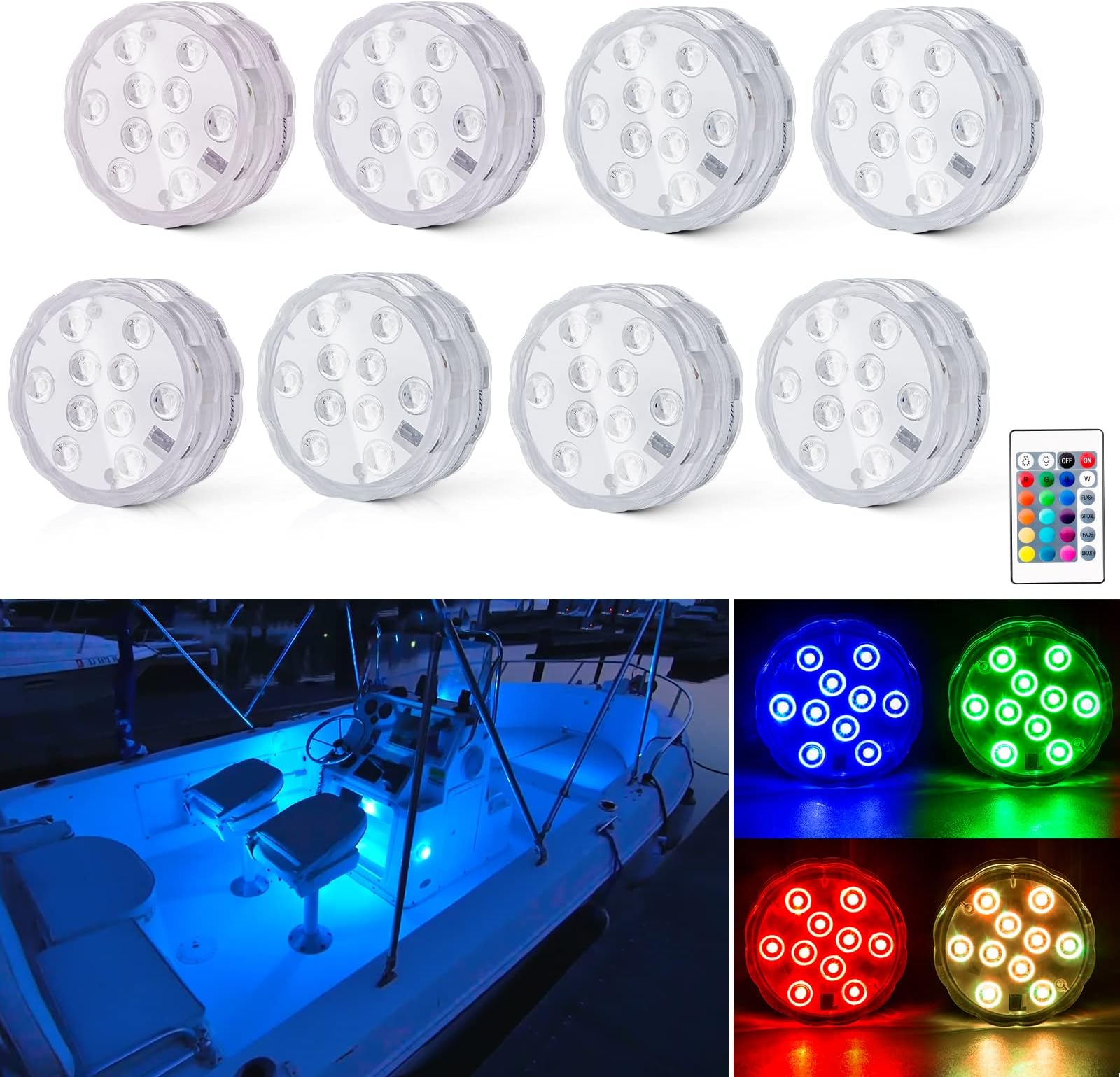 Shangyuan Boat Lights Wireless, Battery Powered Operated Marine Led Interior Light for Boat Deck Courtesy Light, for Fishing Pontoon Sailboat Kayak, Remote Control Multi Color Changing, RGB, 8PCS