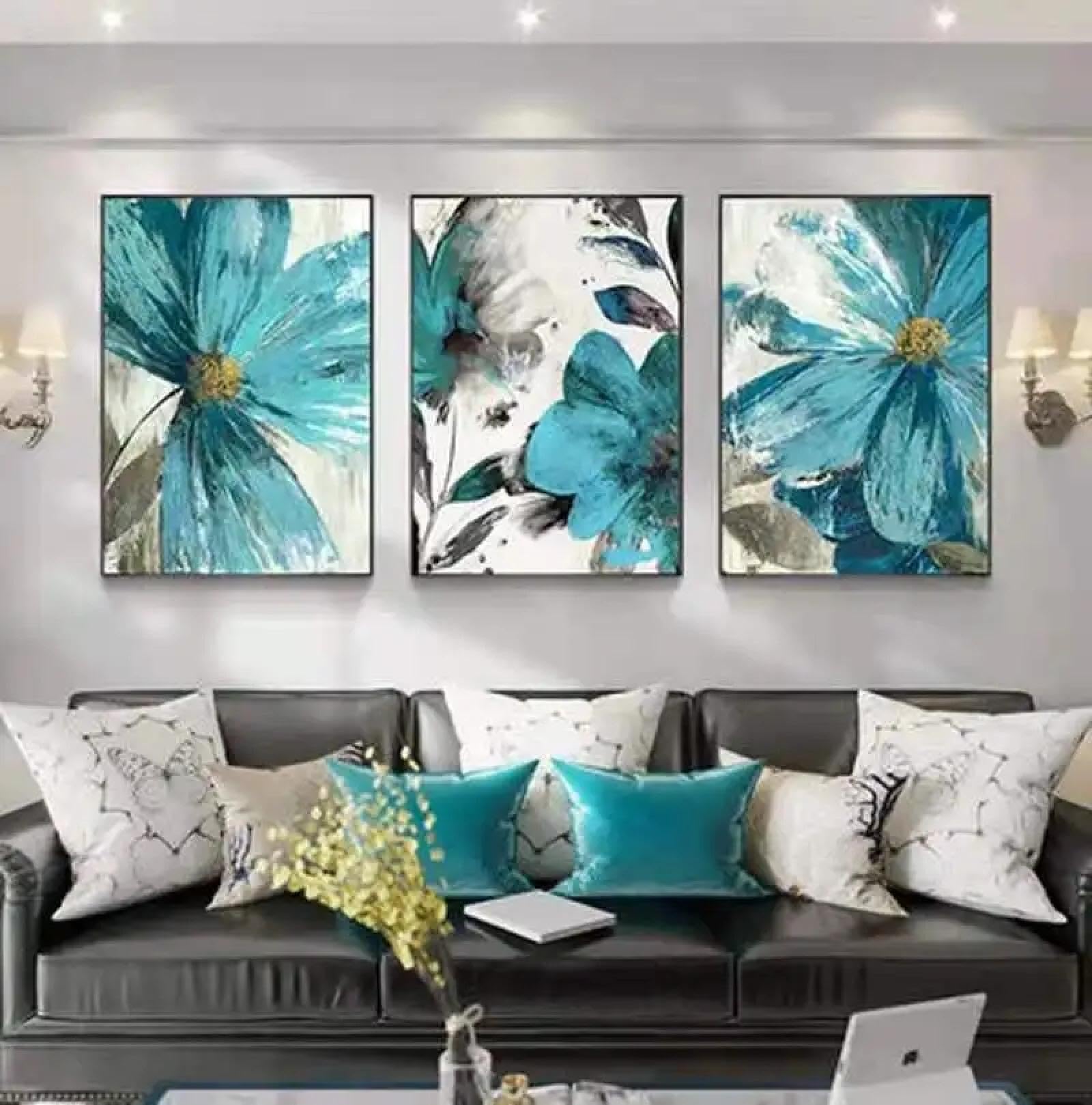 Peinture de fleurs bleues modernes tableau abstrait triptyque - 6