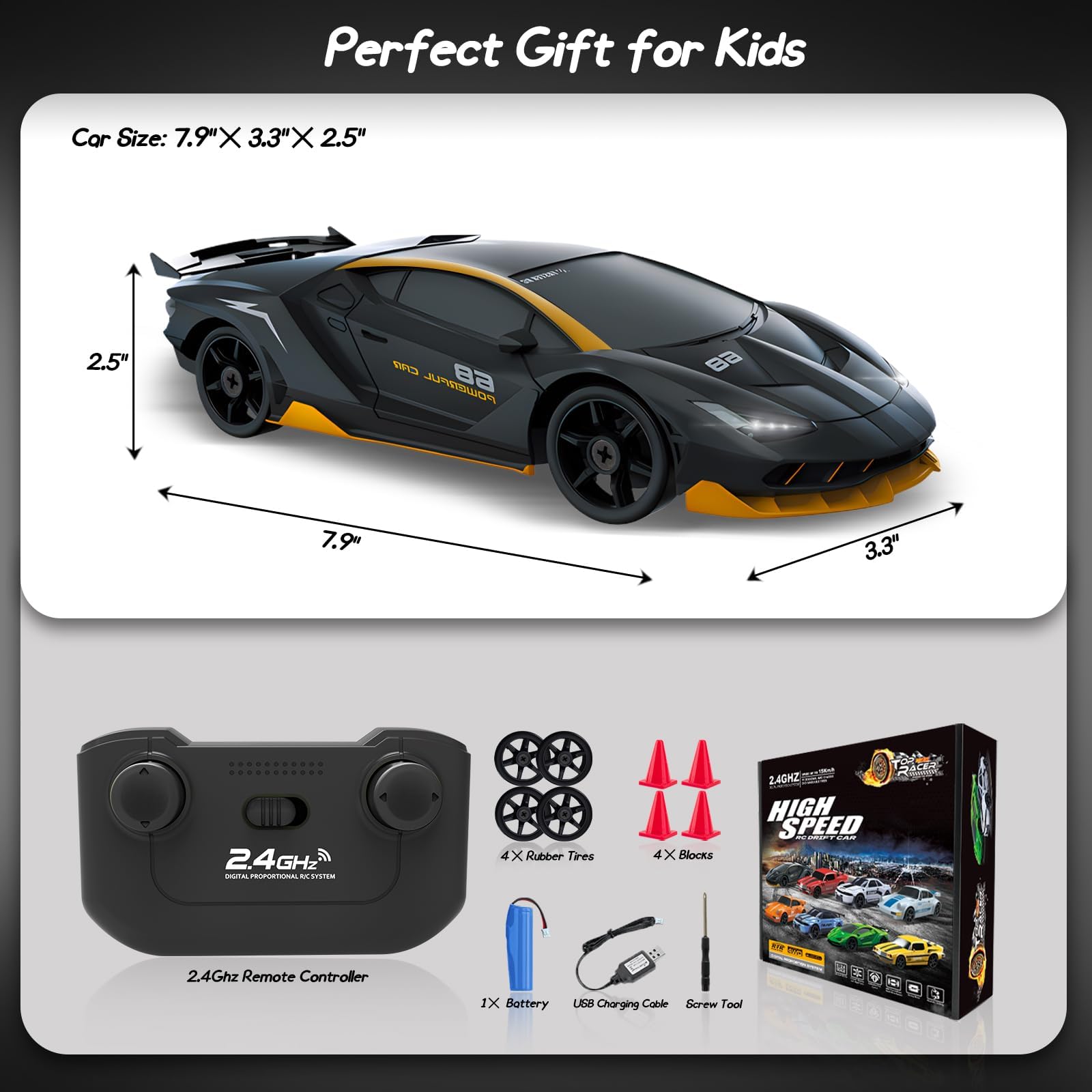 RC Drift Car 2.4GHz 1/24 Remote Control Car 4WD High Speed Drifting Cars with Light Rechargeable Battery and Drift Tires RC Cars Toys for Kids Adults Girl Boys, Black