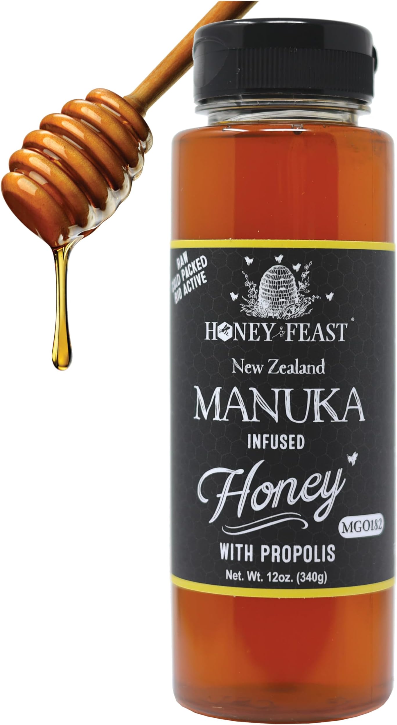 New Zealand Manuka Infused Honey with Propolis 12oz - Raw Manuka Honey, Patent Pending Formula, MGO182 Rating, Manuka Honey New Zealand