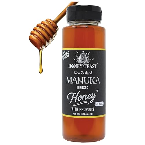 HONEY FEAST Miel de Manuka de Nueva Zelanda Infundida con Própolis 12oz - Miel de Manuka Cruda, Fórmula con Patente Pendiente, Clasificación MGO182,