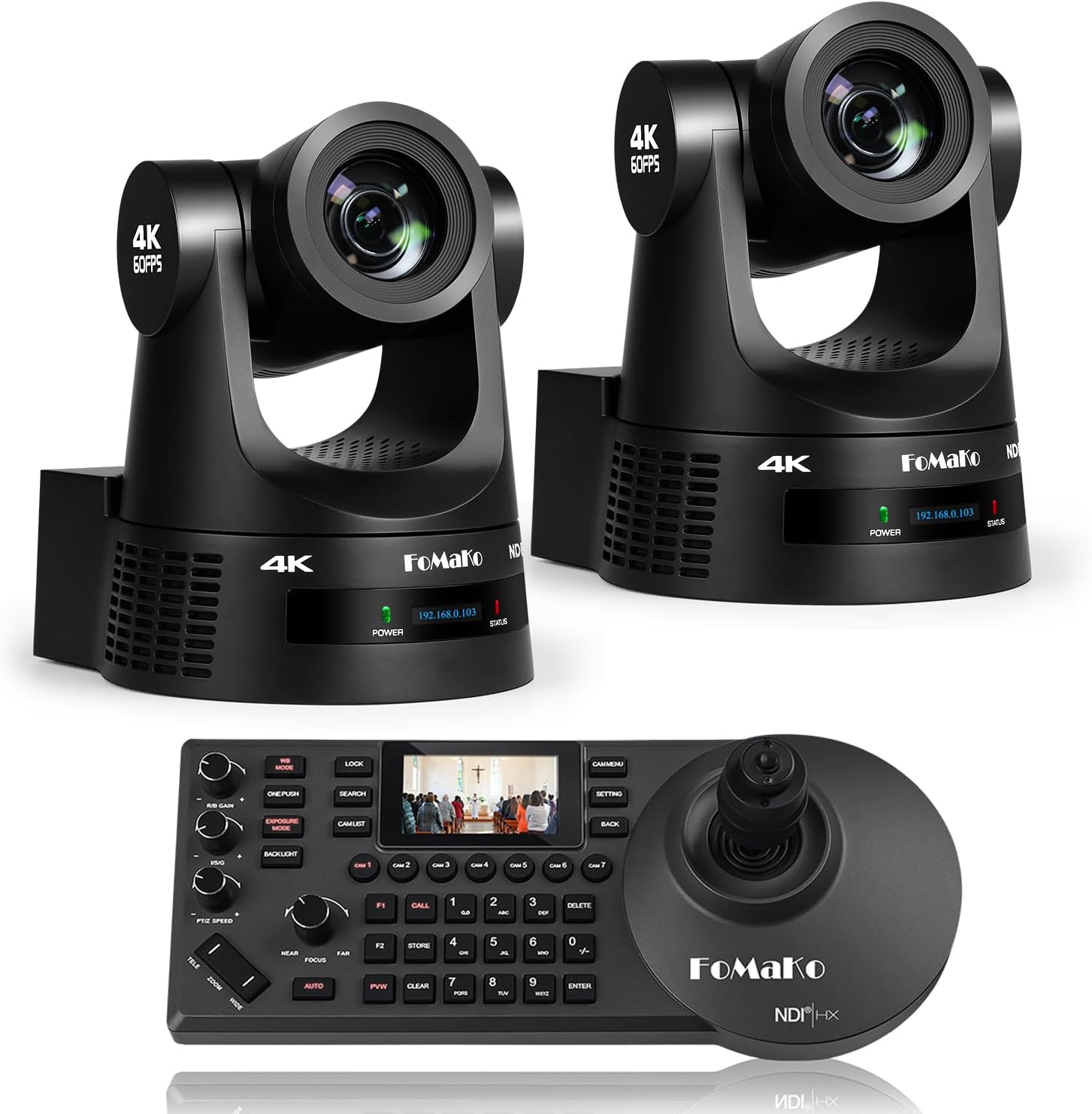 FoMaKo 4K 60fps NDI PTZ Camera Bundle, Supports NDI HX3 4K 60fps Output, 20x Optical Zoom, Gen 3 AI Auto-Tracking, 3G-SDI/HDMI/NDI/USB/PoE, Ideal for Church Worship & Live Studio, K600Nx2+KC608