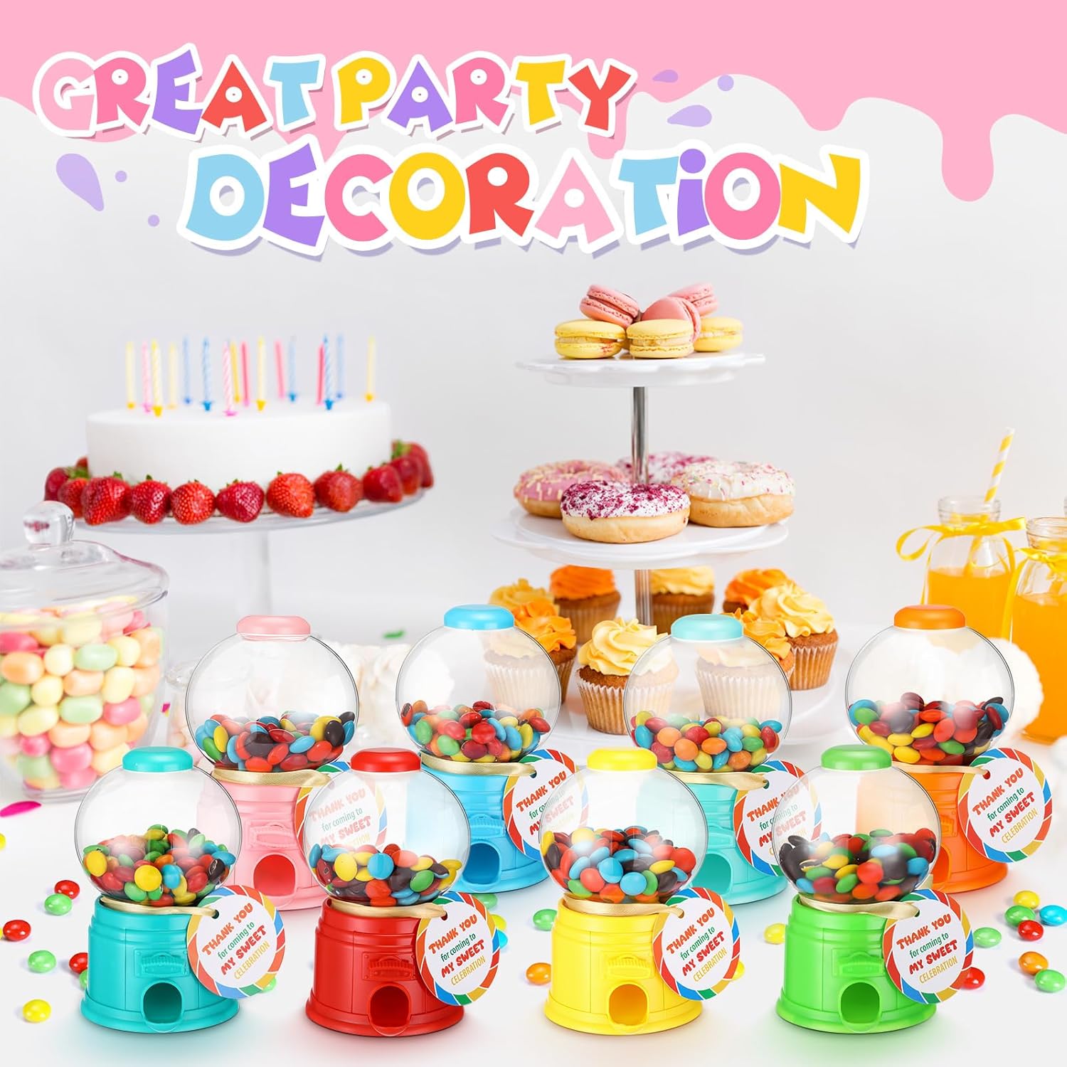 16 Set Candy Theme Party Favors with 5 Inch Mini Candy Dispenser Thank You Cards Plastic Gumball Machines for Birthday Party Supplies Sweet Celebration Decorations