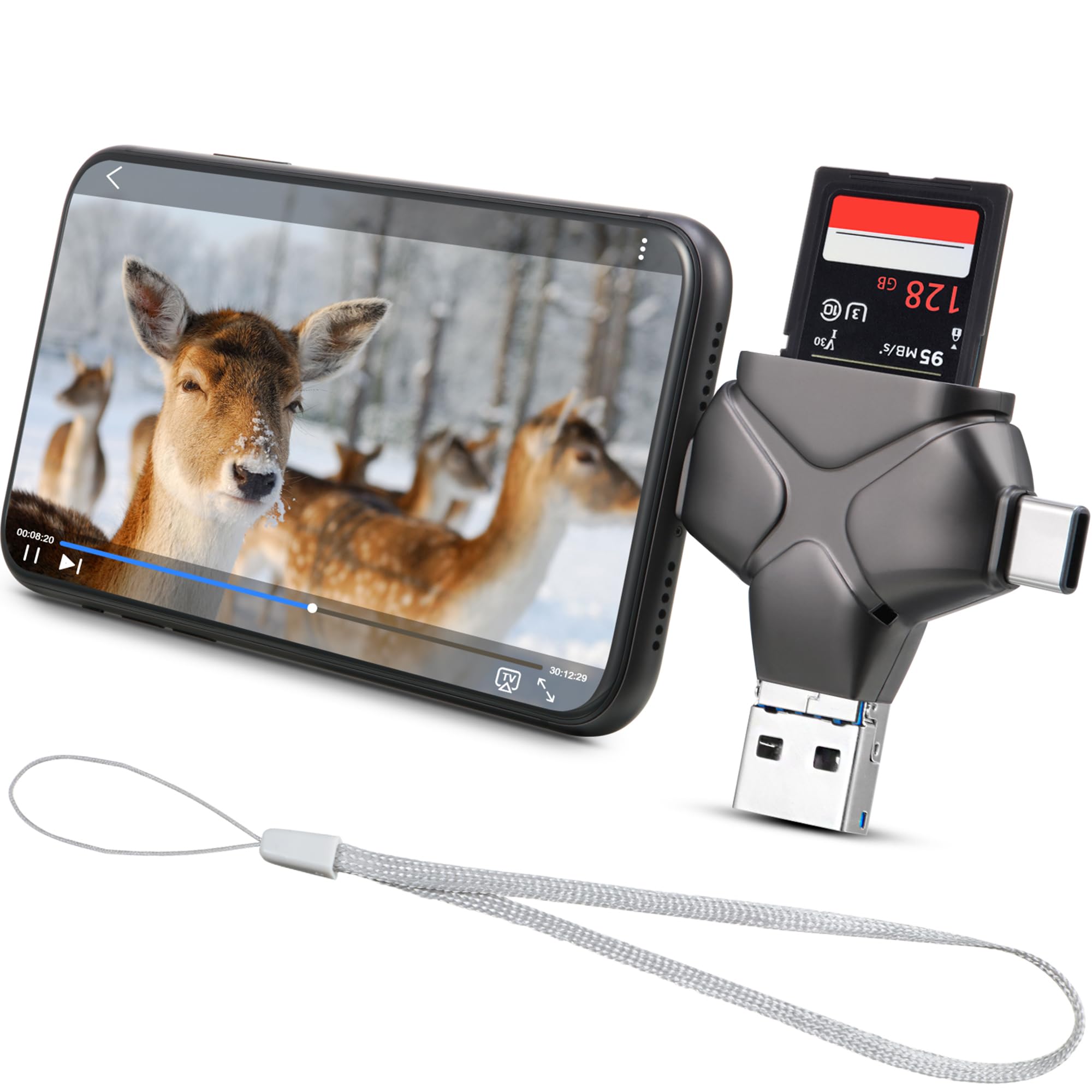 4 in 1 Trail Camera Viewer, Memory Card Reader Compatible with iPhone/Ipad/Android/Computer/Camera/Type C, Hunting Photo & Video Viewer, Gift for Scouting Deer Hunting Game