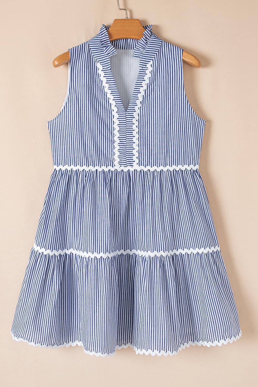 Women's Blue Stripe Sleeveless Mini Dress with Notched V Neck and Contrast RIC Rac Trim