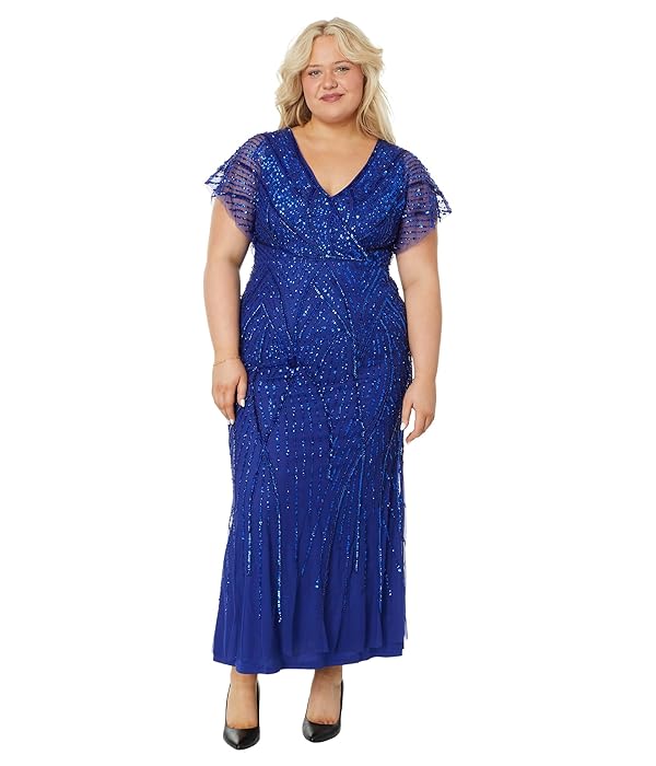 Adrianna Papell Long Beaded Blousson Gown Ultra Blue 14 by Adrianna Papell - Used condition - US$86.58