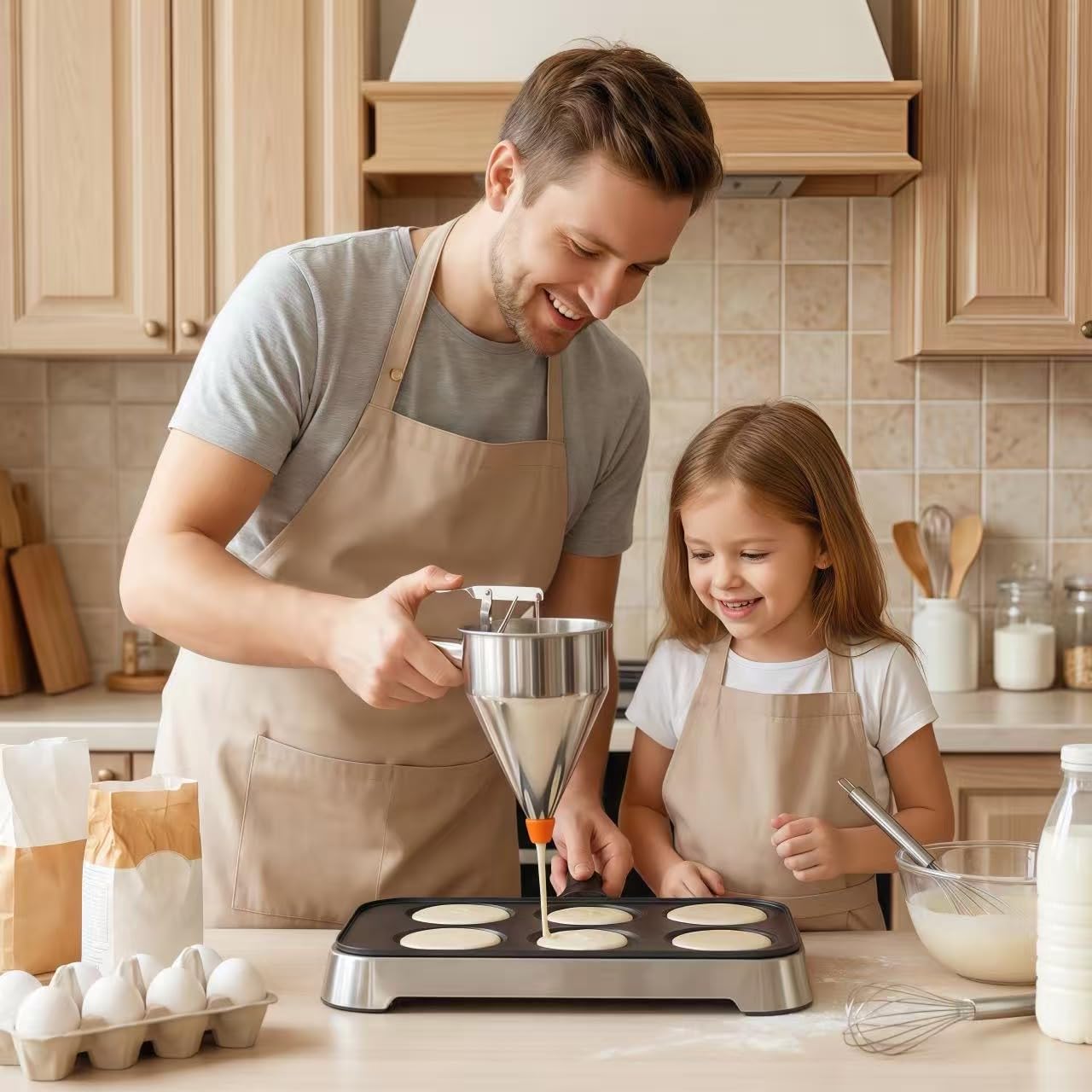 40oz Stainless Steel Pancake Batter Dispenser with Squeeze Handle & Stand, Multi-Nozzle Funnel Cake Dispenser for Pancakes, Cupcakes, Muffins, Waffles & Baking - Precise Control