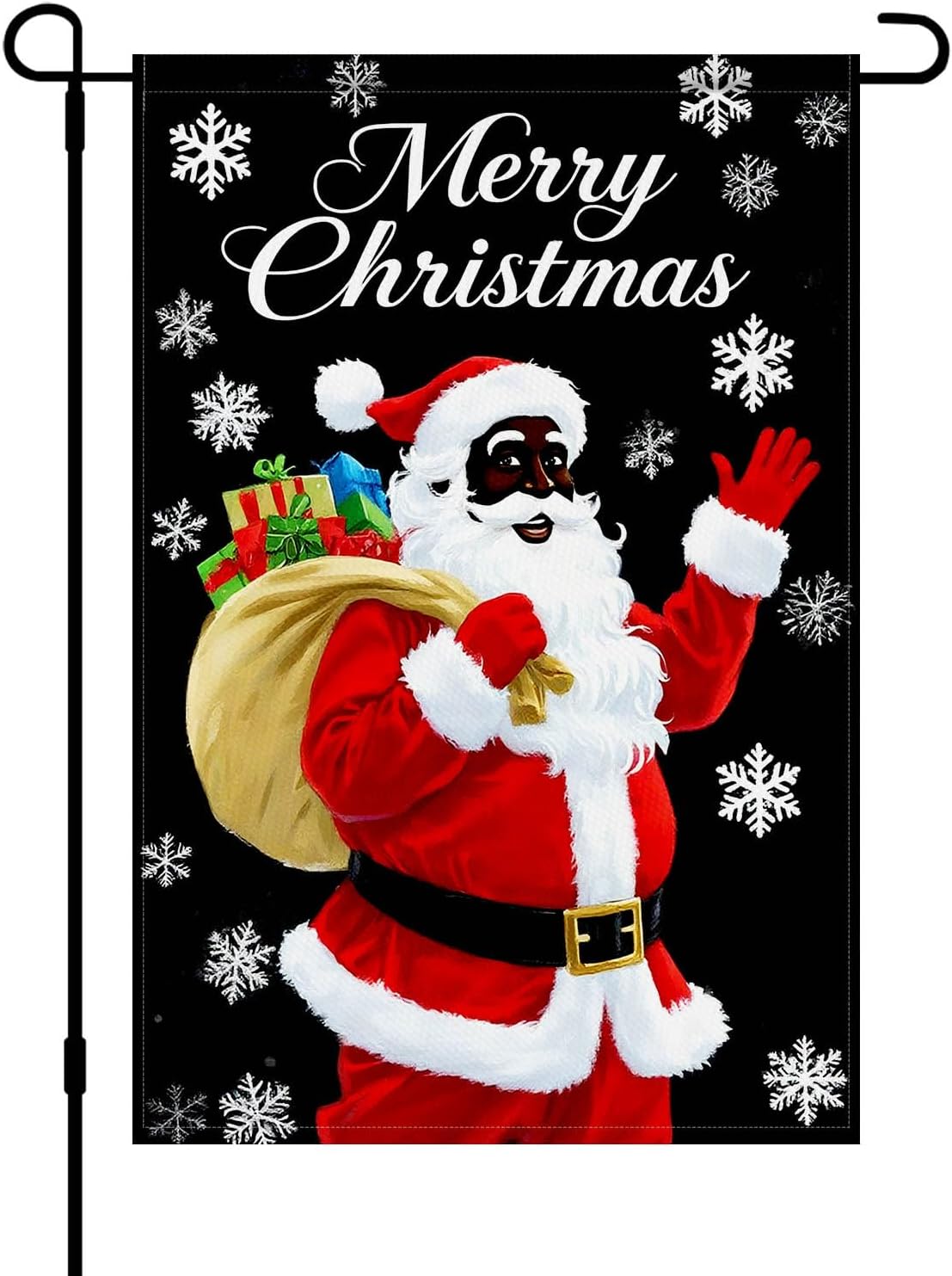 Merry Christmas African American Black Santa Garden Flag 12x18 Inch Double Sided Santa with Gift Bag Snowflake Flags Holiday Outdoor Winter Yard Banner Christmas Welcome Flag