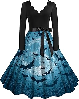 Womens Halloween Costumes 2025 Plus Size Halloween Dresses Funny Print Long Sleeve A Line Midi Dress Pumpkin Dress