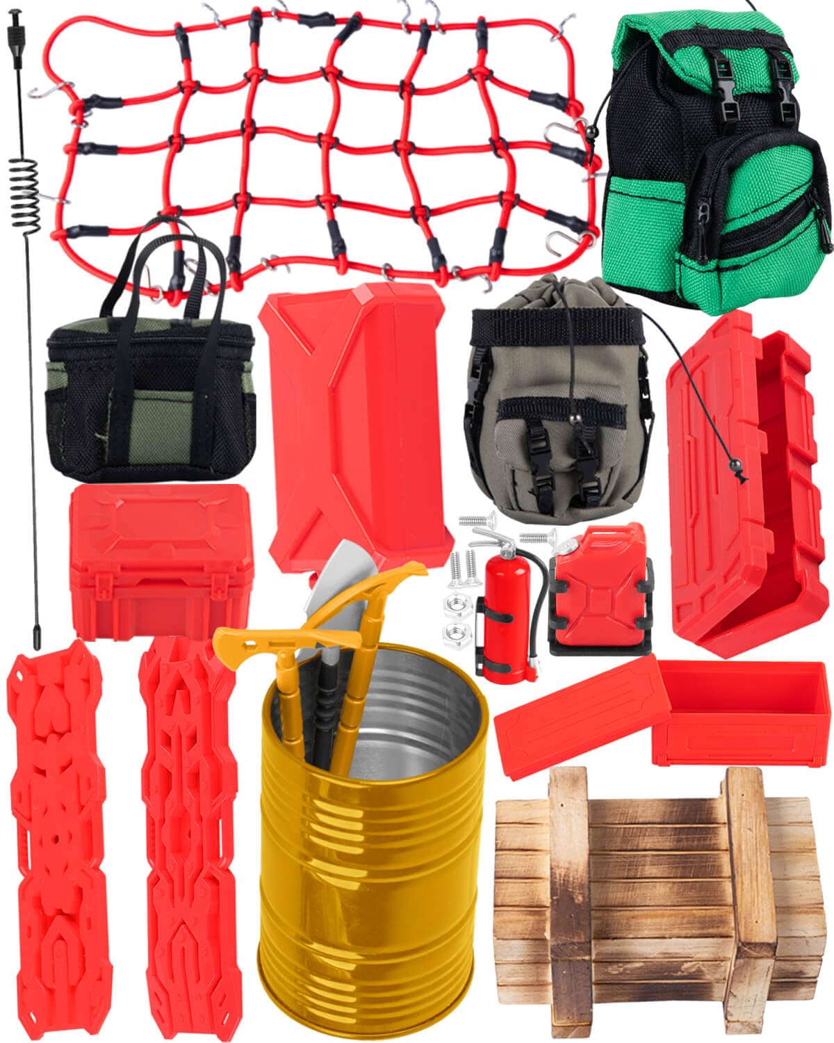 hopsupRC Crawler Car Decoration for 1/10 Trx4 Trx6 Axia 1 SCX10 Red cat,Mini Luggage Net/Simulation Package,Luggage,Wood Box,Shovel,Fuel Tanks,