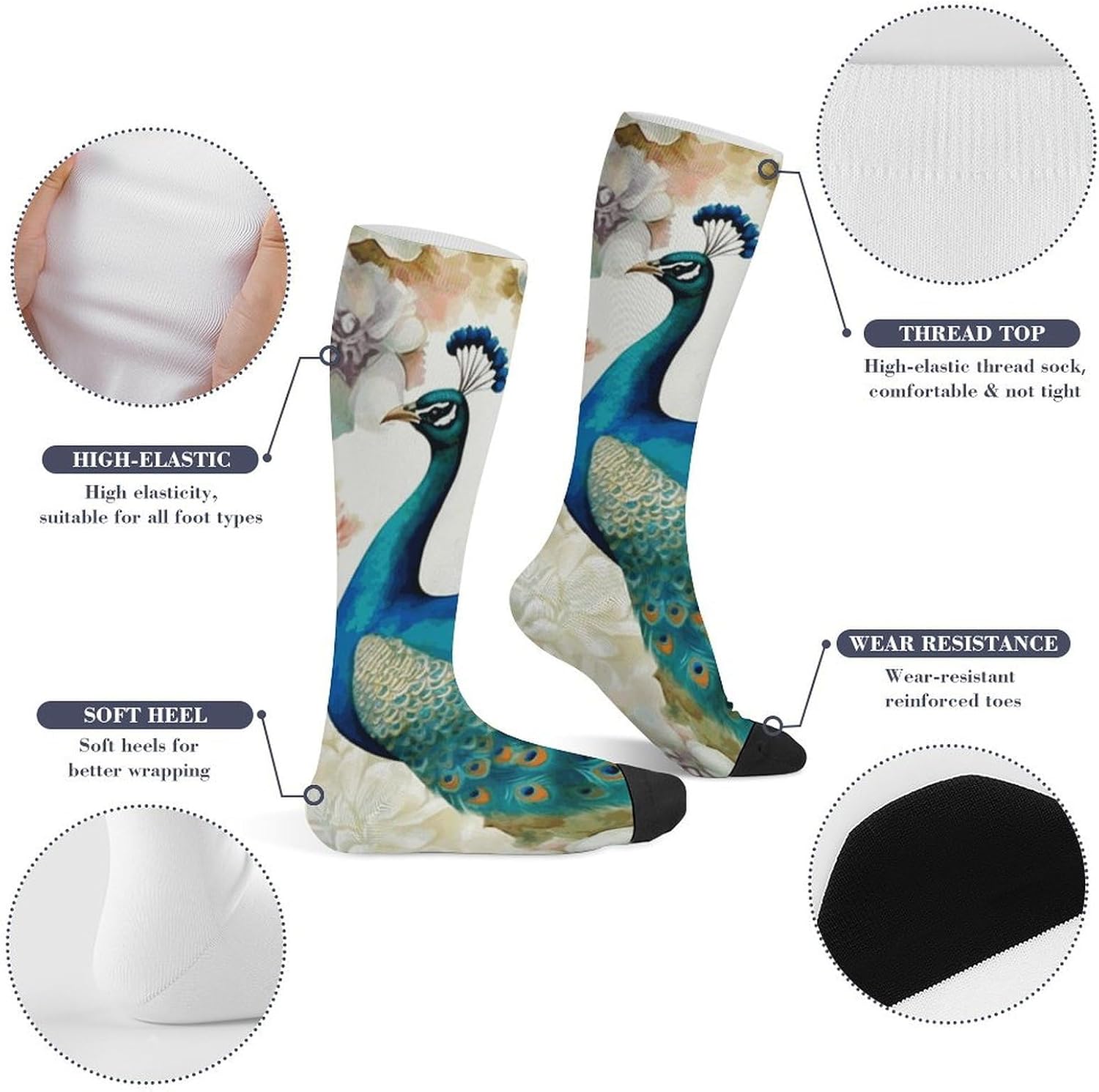 Beautiful Peacock And Floral Socks Soccer Sock Hockey Sock Basketball Socks Baseball,Softball,Volleyball,Lacrosse,Soccer for Men, Women,Team Sports It's The Best Gift for Her