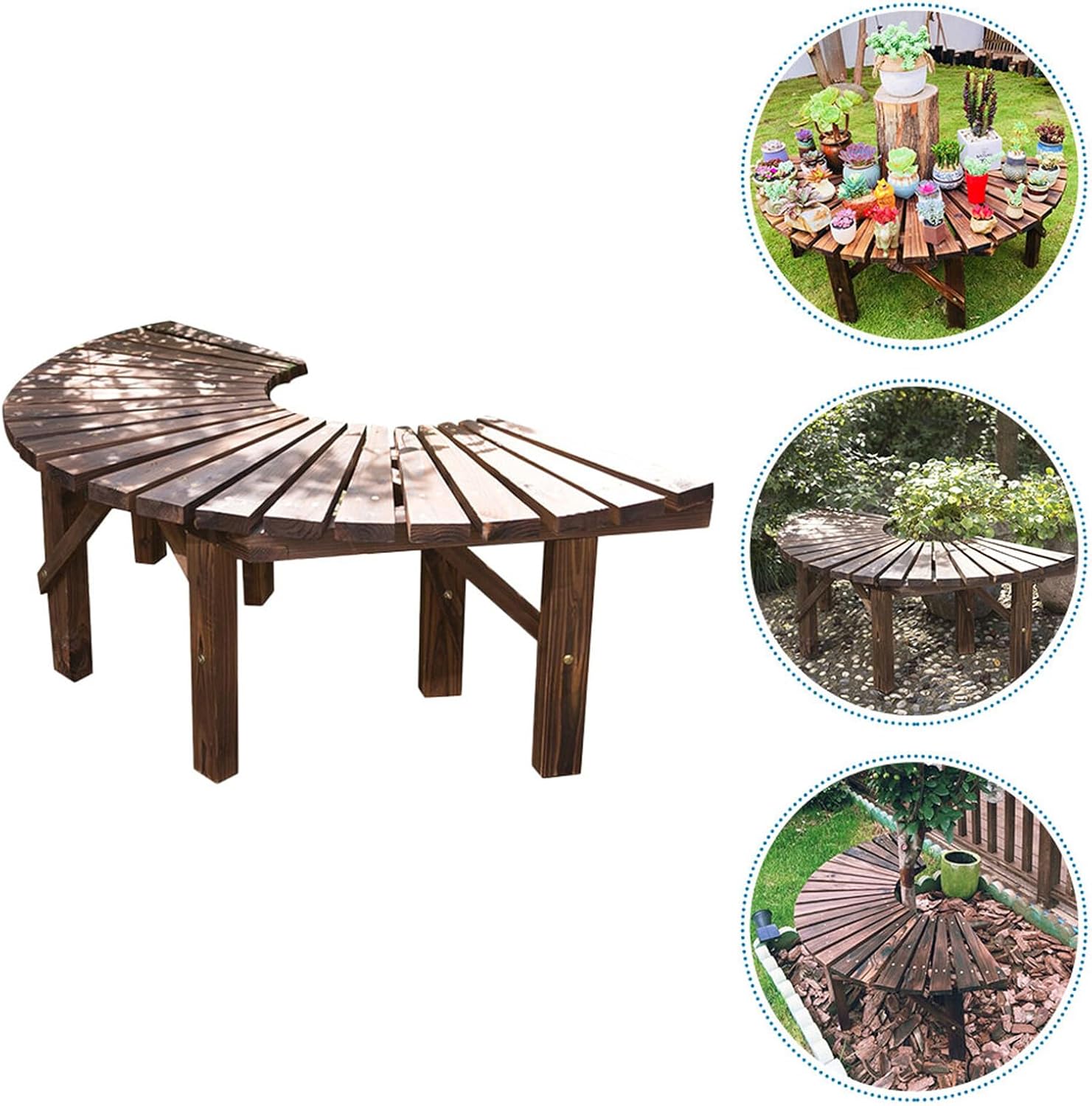 Multifunctional Outdoor Solid Wood Bench with Flowerpot Shelf Semi-Circular Seating for Garden Patio and Balcony Use
