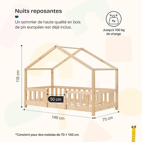 [en.casa] Lit d'enfant Cabane Treviolo 70 x 140 cm Lit Montessori en Forme de Maison avec Barrière et Sommier à Lattes Solide Style Scandinave Capacité de Charge 70 kg Bois de Pin Naturel - 2
