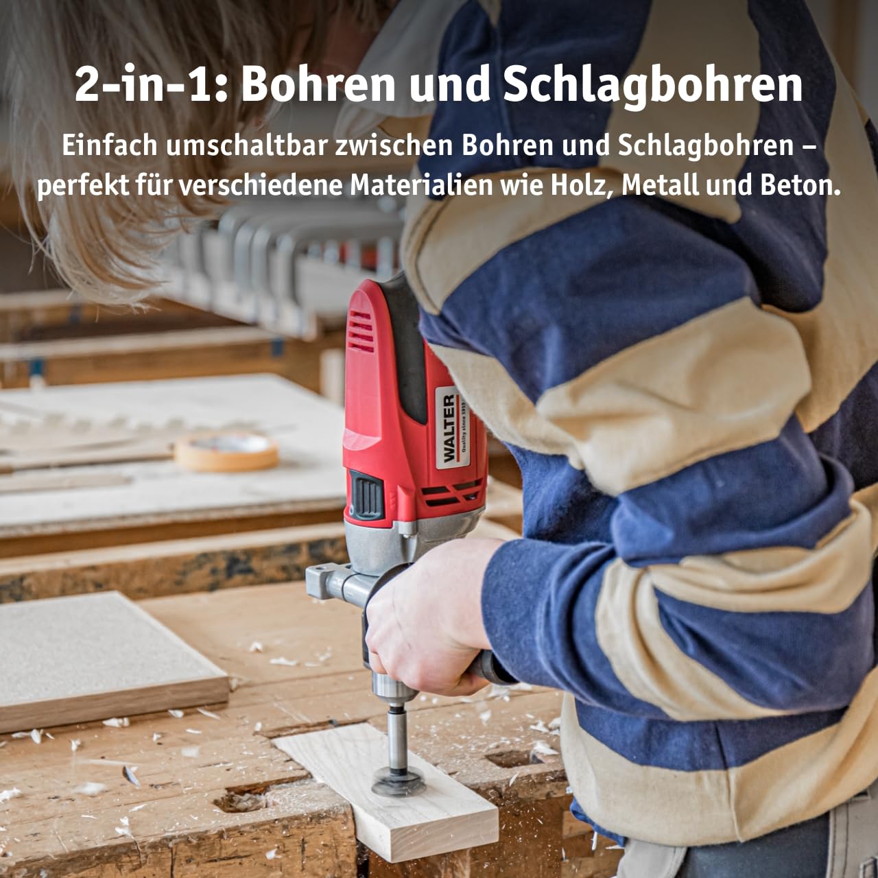 WALTER Schlagbohrmaschine (910 Watt, elektr. Drehzahlregelung, mit zweiten Handgriff, Tiefenanschlag, max. Bohr-Ø: Holz: 25 mm, Beton: 16 mm, Metall: 13 mm)