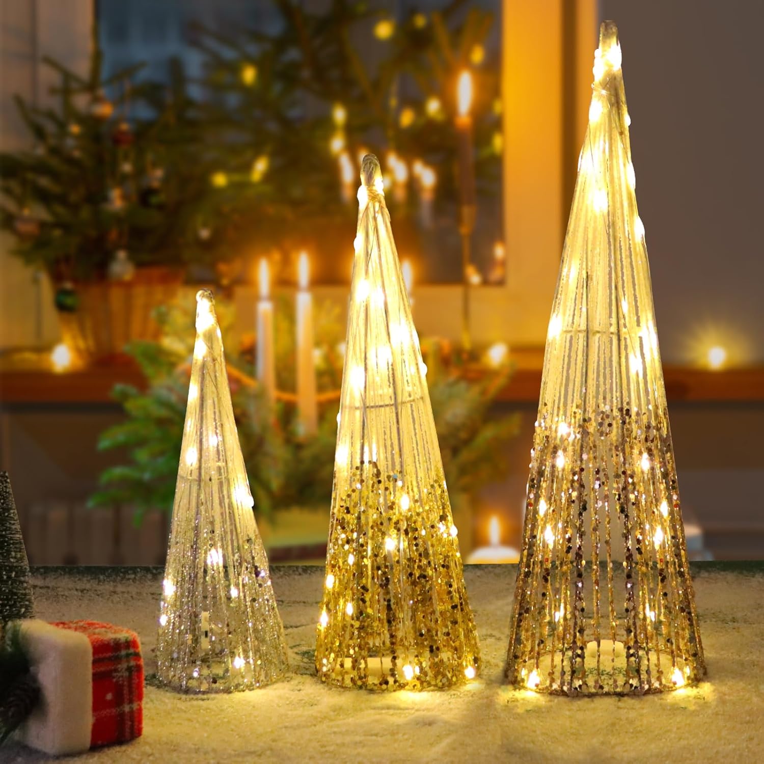 Set of 3 Christmas PreLit Glitter Cone Tree Decoration,Xmas Tabletop Lighted Cone Trees,Battery