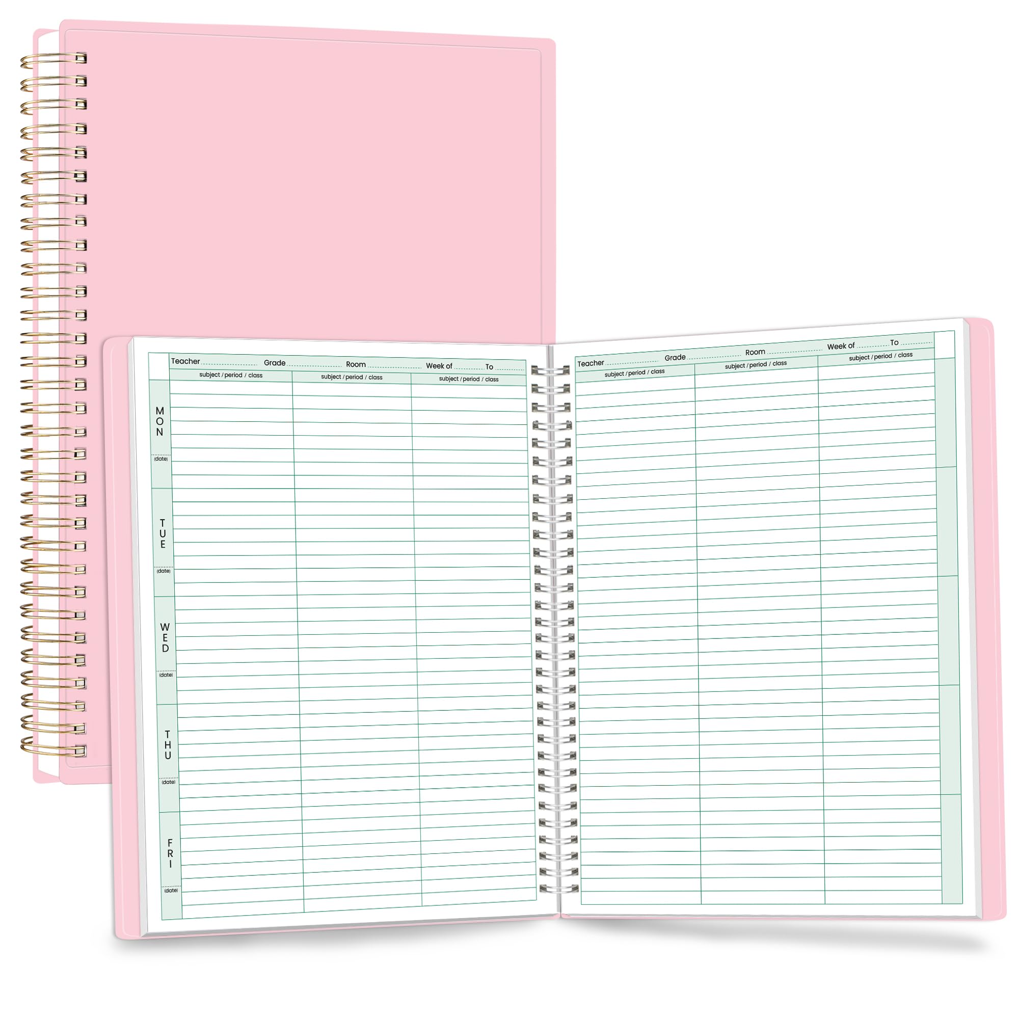 SUNEE 8 Period Teacher Lesson Plan Book - Days Vertically, Undated Teacher Planner 2025-2026 Academic Year, 8.5 x 11 Inch, 104 Pages/52 Sheets (40 Weeks), Waterproof Plastic Cover, Back Pocket, Pink