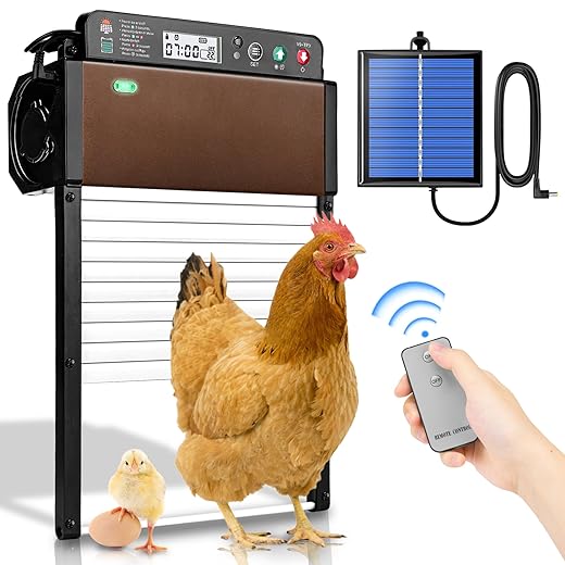 Komsepor Automatic Chicken Coop Door, LCD Display Added - Timable Door Opening and Closing Aluminum Chicken coop Door, Solar Powered, with Light Sensor, Remote Control, for Poultry (Brown)