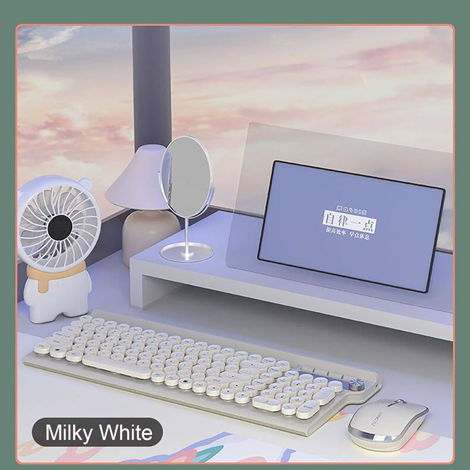 Wireless Keyboard and Mouse Combo,2.4Ghz USB Rechargeable Keyboard with Phone Holder,Full Size Keyboard and Mouse Set for Computer,Laptop and Desktop (Milky White)