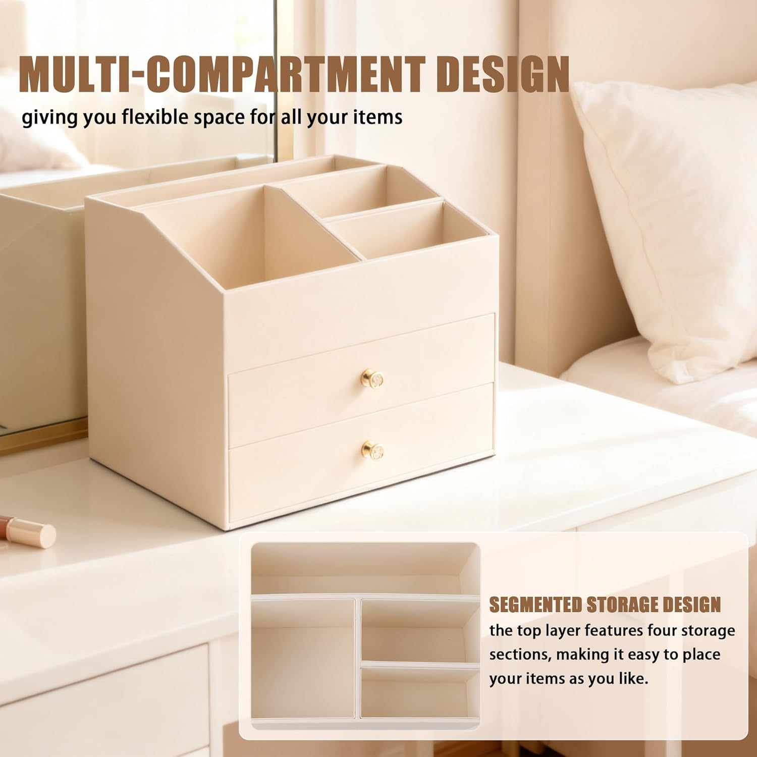 Homeanda Makeup Organizer with Drawers, PU Leather Cosmetic Storage Box Large Cosmetic Display Case for Skincare, Lipstick, Brushes, Bedroom Storage(Beige)