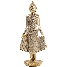 Standing Buddha Statue, Gold, Decorative Figurine with Ornate Robe Detail, Lotus Base, Spiritual Home Decor