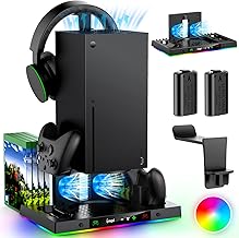 Upgrade Cooling Fan & Dual Charging Stand for Xbox Series X Console & Controller,Cooler Charger Station System for Series X with 15 RGB Lights,2 x 1400mAh Rechargeable Battery,Disc Accessories Storage