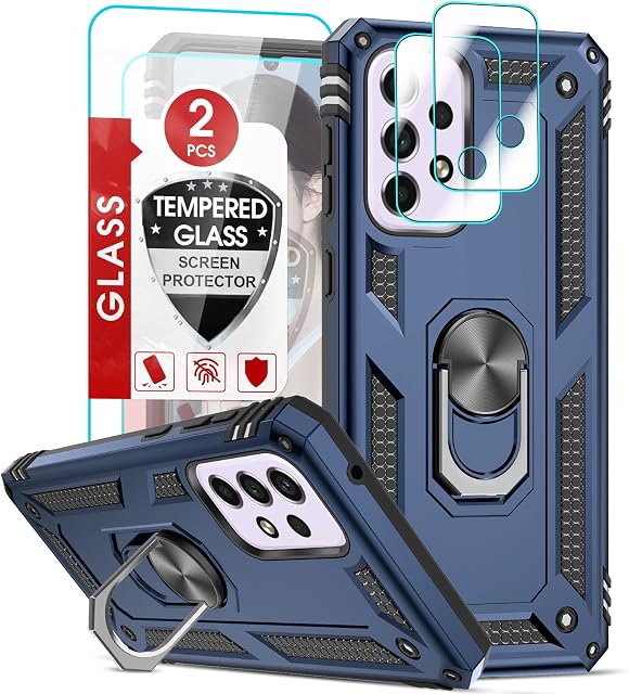 LeYi Rugged Case for Samsung Galaxy A33 5G,Galaxy A33 Case and 2 Tempered Glass Screen Protector+2 Camera Lens Protector,Ring Holder Military Grade Protective Shockproof Hybrid Phone Cover Blue